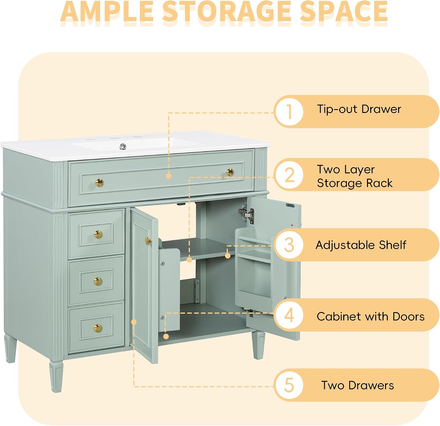 36' Bathroom Vanity Cabinet with Ceramic Countertop Sink Combo Set, Solid Wood Frame, Tilt-Out Drawers and Left Side Drawers, Soft Closing Door Hinges, Modern Style, Green