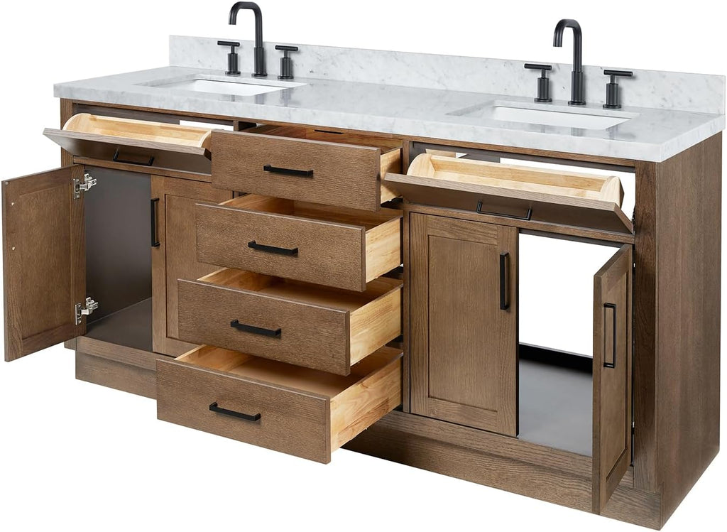 DKB Isabella 72-Inch Brown Oak Double Bathroom Vanity with Sink, 1.5-Inch Edge Italian Carrara Marble Countertop & 4' Backsplash, Soft-Closing Doors & Drawers, Solid Oak Wood Construction