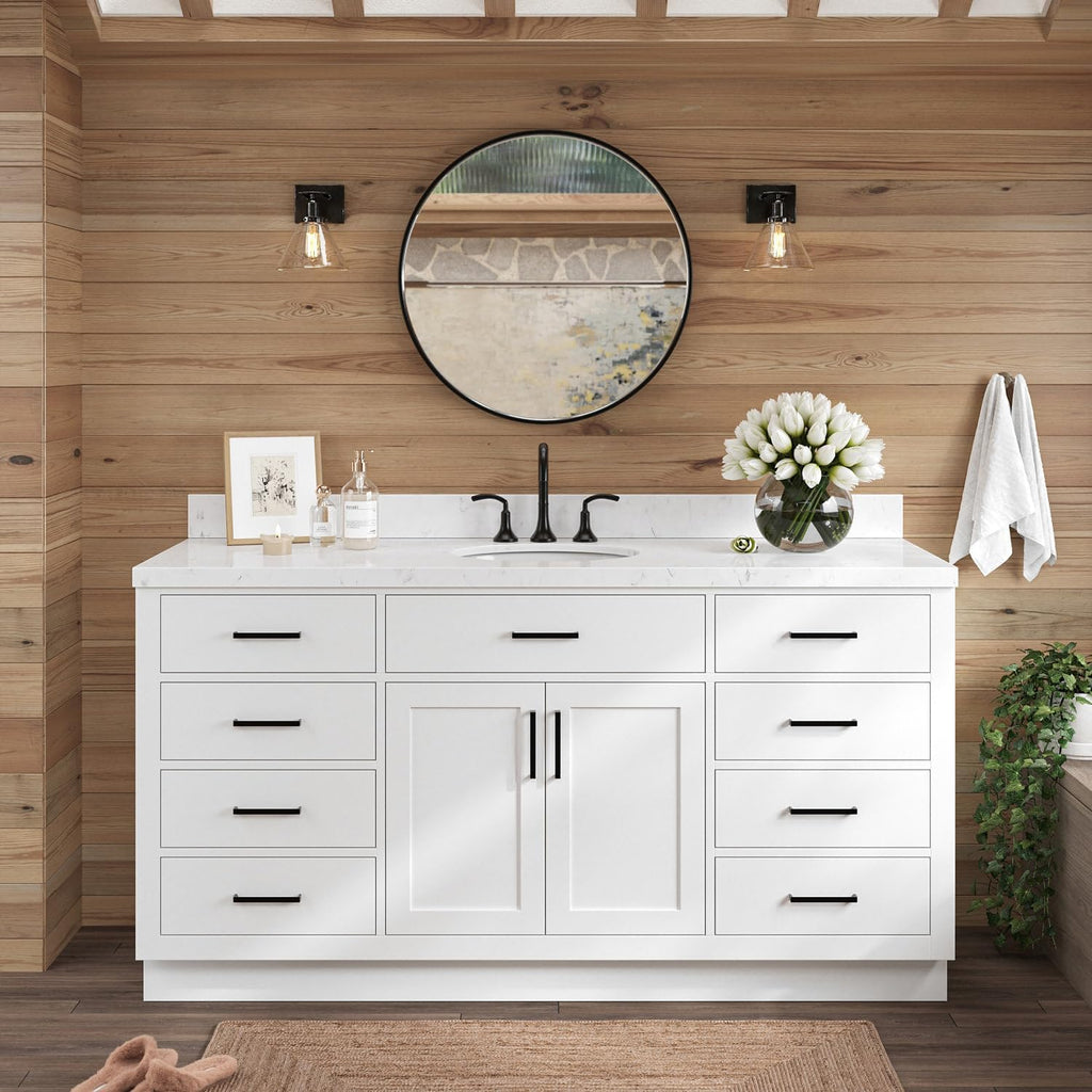 ARIEL Hepburn 66-inch Bathroom Vanity with Sink,Solid Wood, 1.5-inch Carrara White Quartz Countertop & Backsplash, Single Oval Porcelain Sink, 2 Soft Closing Doors, 9 Dovetail Drawers, White