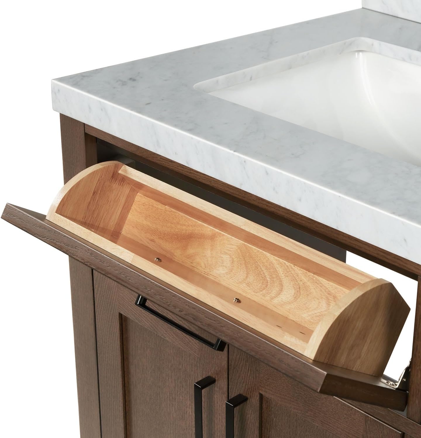 ARIEL Hepburn 66-inch Bathroom Vanity with Sink,Solid Wood, 1.5-inch Italian Carrara Marble Countertop, Double Rectangular Porcelain Sink, 4 Soft Closing Doors, 6 Dovetail Drawers, Brown Oak