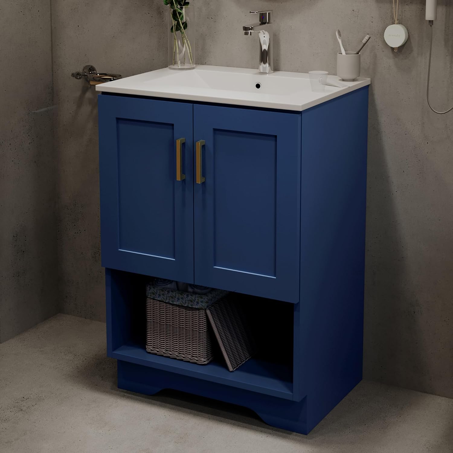 24 Inch Modern Bathroom Vanity with Ceramic Sink - Freestanding Cabinet 2 Soft-Close Doors & 1 Open Shelf, White Space-Saving Design for Powder Rooms (Blue)