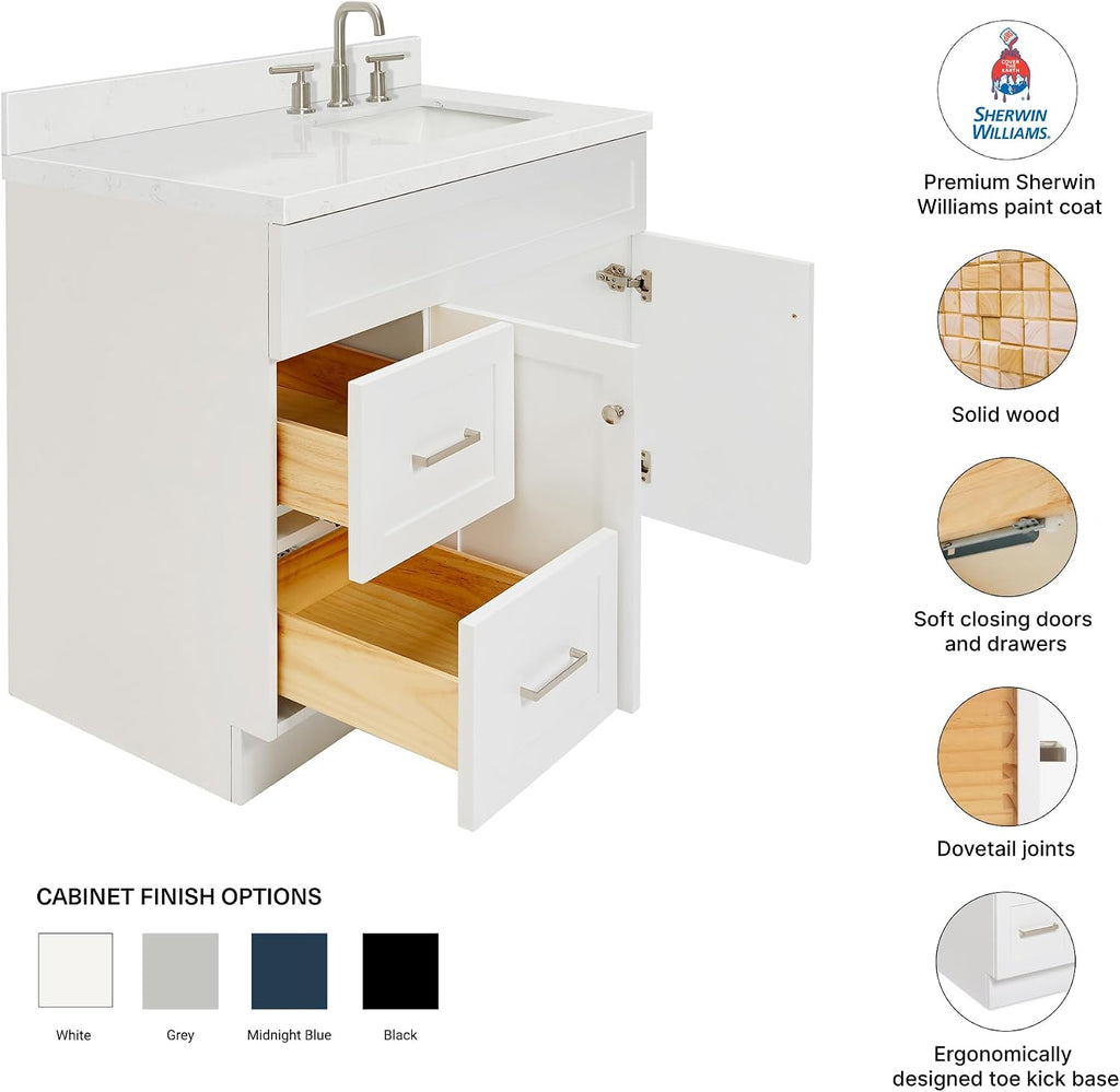 DKB Bradford 42-Inch White Single Bathroom Vanity with 1.5-Inch Carrara Quartz Countertop, Right Rectangular Sink, Solid Wood Frame, 2 Soft-Closing Doors, 2 Full Extension Dovetail Drawers, Toe Kick