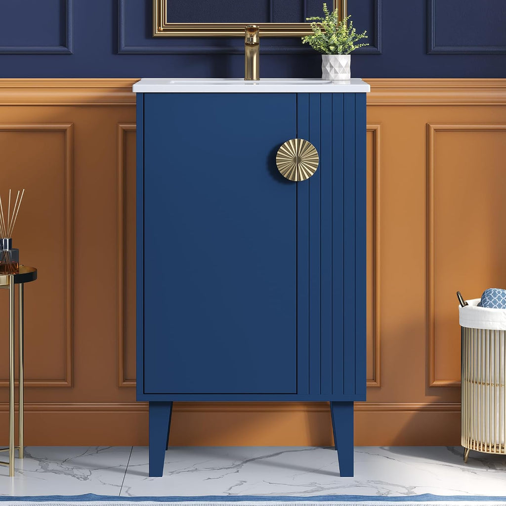 VilroCaz Modern 20'' Bathroom Vanity with Top Ceramic Sink, Freestanding Single Vanity Set Bathroom Storage Cabinet with Soft Closing Door, Chic Half-Moon Pulls (Blue-10.16)