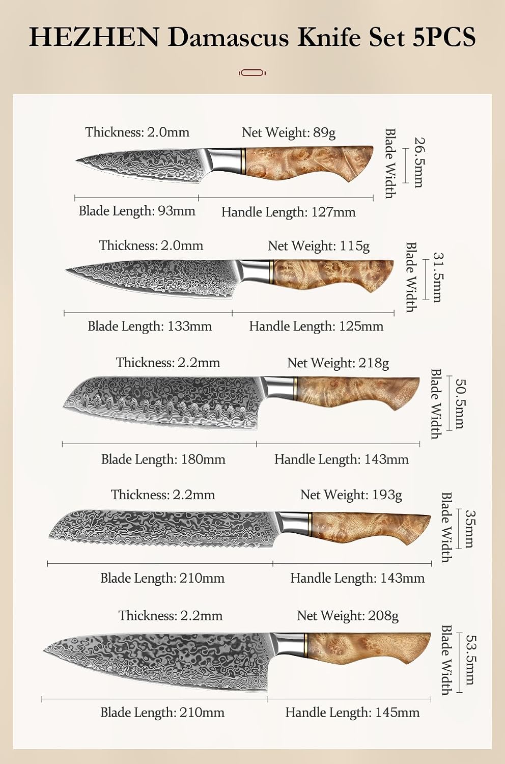 HEZHEN Damascus Kitchen Knives Set, Damascus Steel Japanese Style Chef Knife Utility Knife Santoku Knife,Figured Sycamore Wood Handle