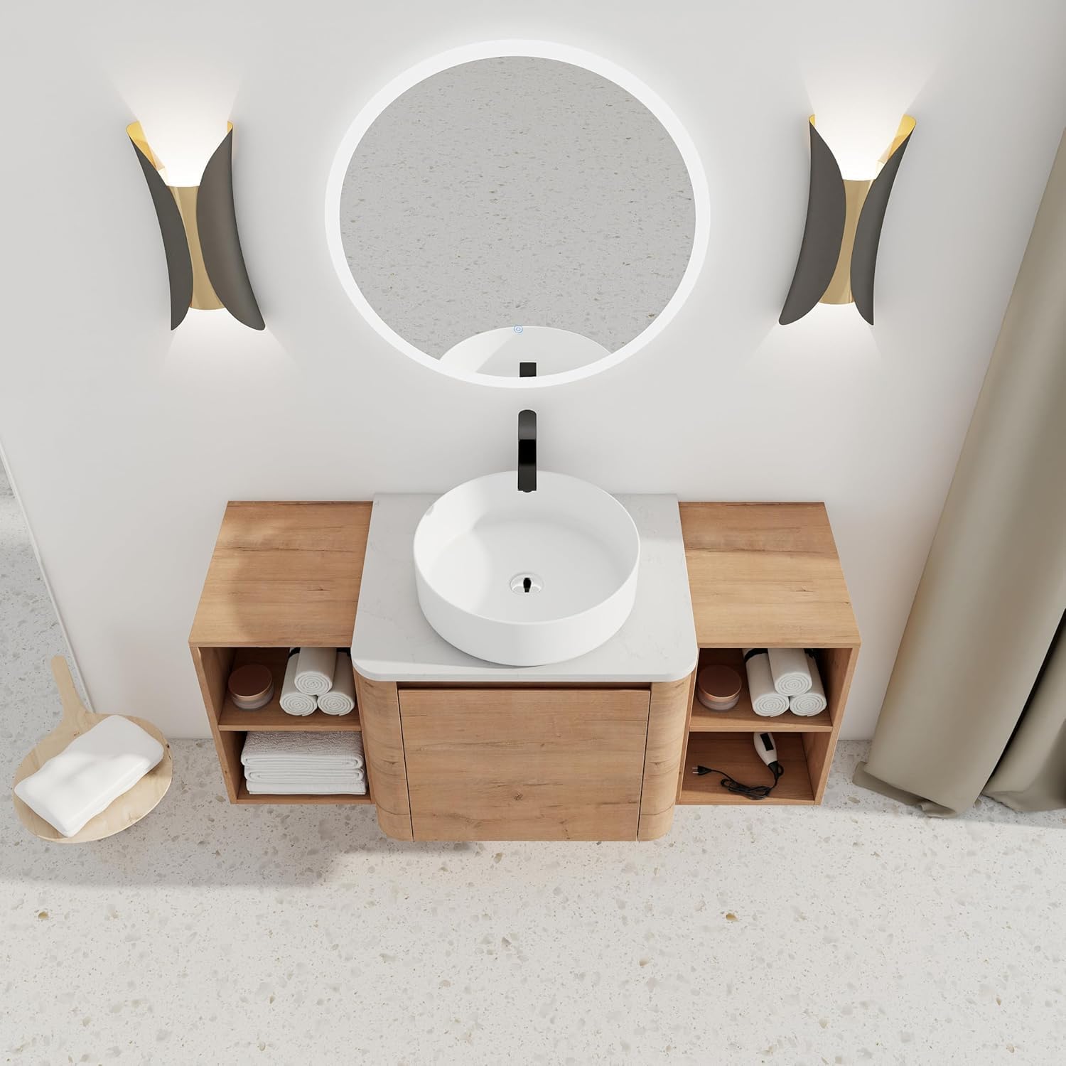 48 Inch Wall-Mounted Bathroom Vanity with Sink Combo Modern Floating Bathroom Vanitites with Round Ceramic Vessel Sink 48' Bathroom Sink Cabinet with Marble Counter Top & 2 Side Storage Shelves