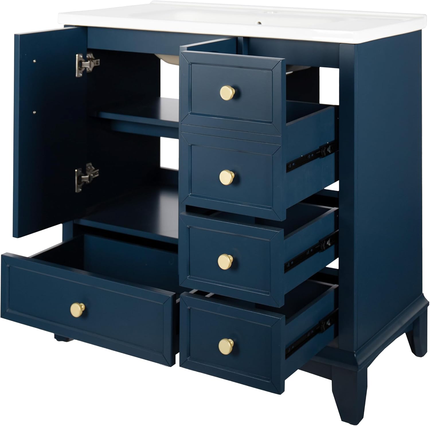 36 inch Bathroom Vanity with Sink Combo, Mid Century Modern Freestanding Bathroom Cabinet with Integrated Ceramic Sink, 4 Storage Drawers, 2 Soft Closed Doors, Adjustable Shelves, Golden Handle, Blue
