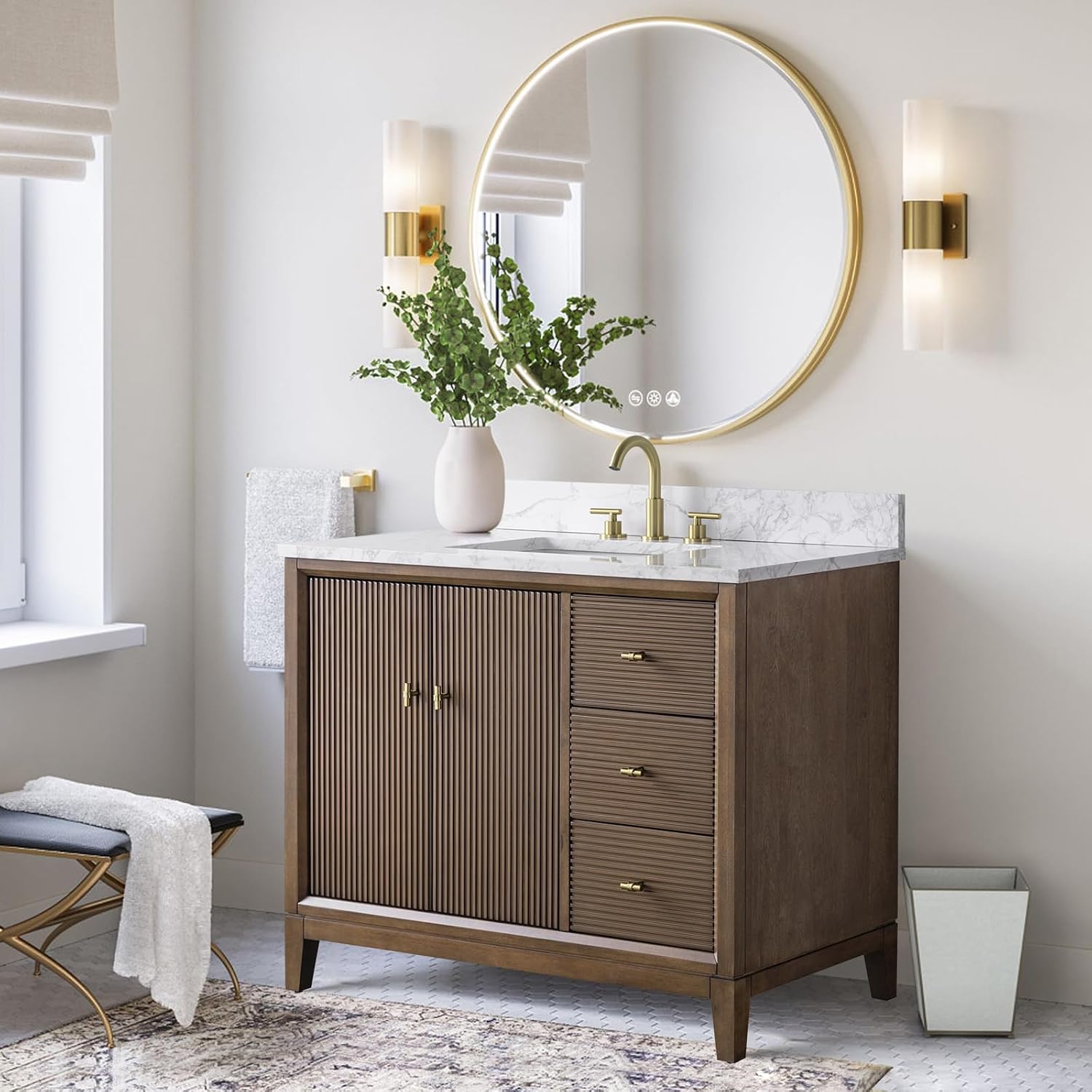 HOMEBEYOND 42' Bathroom Vanity with Single Sink & Engineered Marble Top, Solid Wood Frame, Linear Pattern & Soft Close Door | Golden Brushed Handware, Walnut