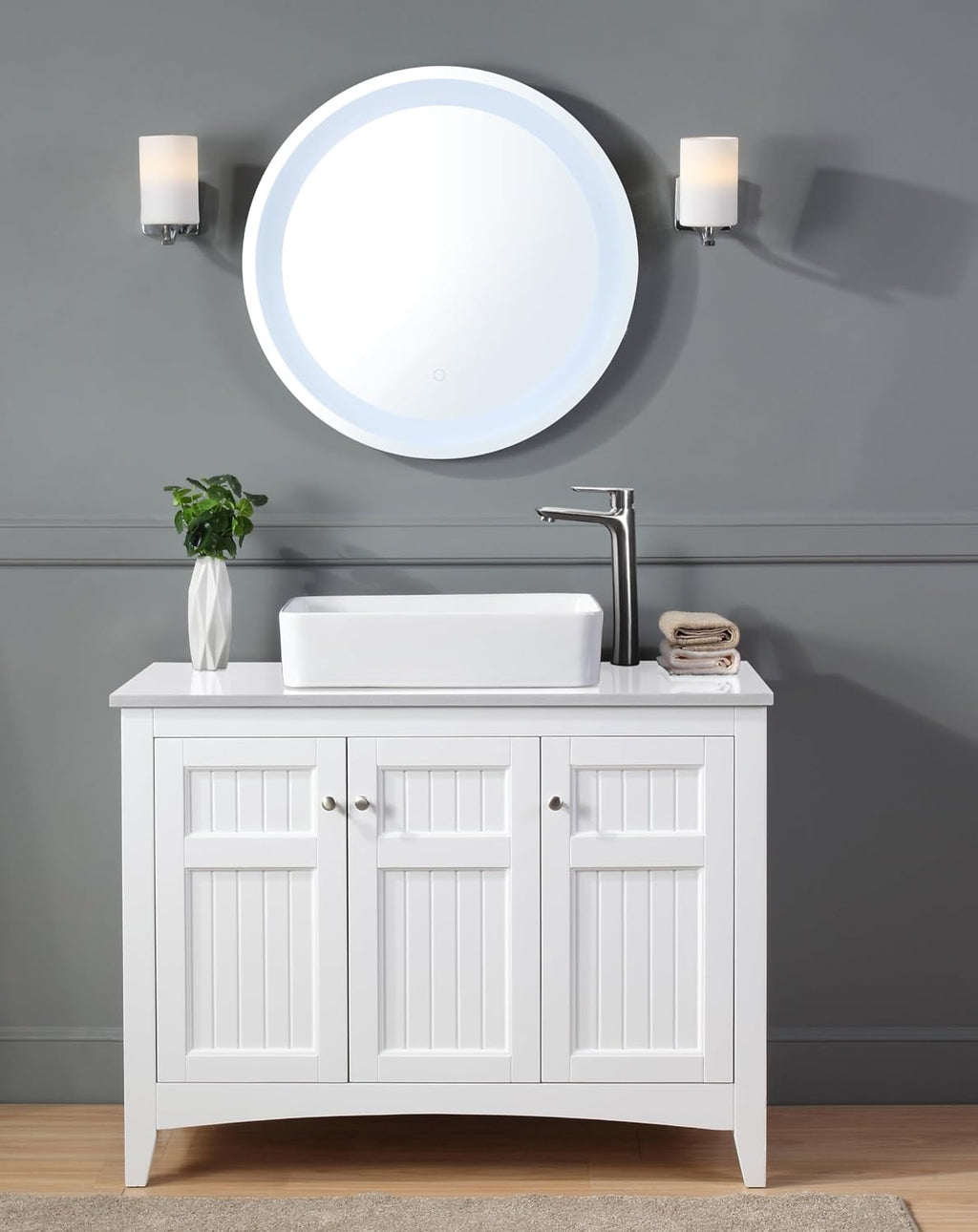 42' Triadsville White Vanity with White QuartzTop, Vessel Style Bathroom Sink, Soft-Closing Doors, Full Extension Drawer, Brushed Nickel Hardware