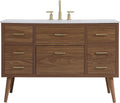 48' Pre-Assembled Bathroom Vanity with Sink, Engineered Wood, Ivory White Engineered Marble Countertop Attached, Single Rectangle Porcelain Sink, 7 Soft-Close Drawers, Walnut Brown