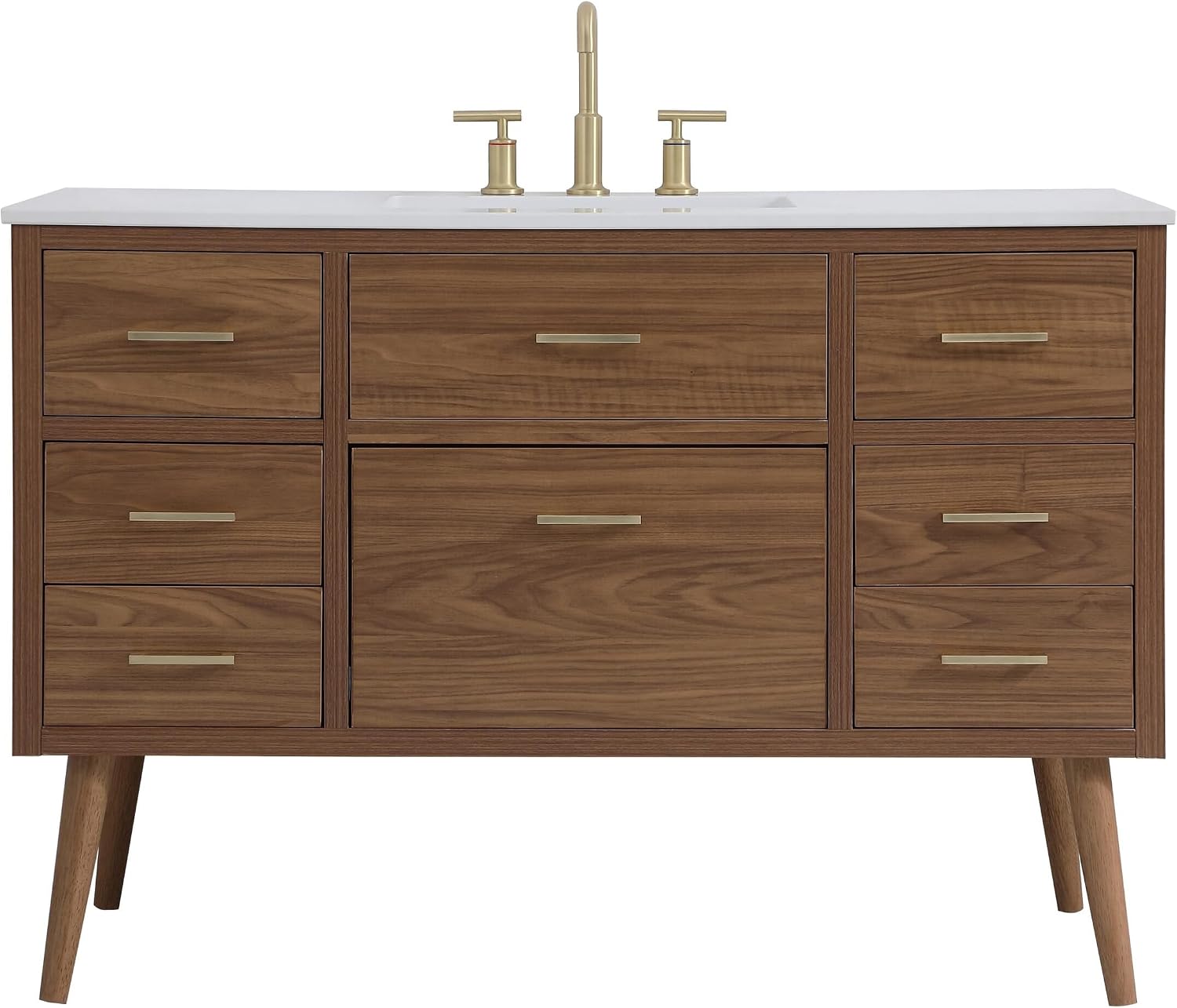 48' Pre-Assembled Bathroom Vanity with Sink, Engineered Wood, Ivory White Engineered Marble Countertop Attached, Single Rectangle Porcelain Sink, 7 Soft-Close Drawers, Walnut Brown