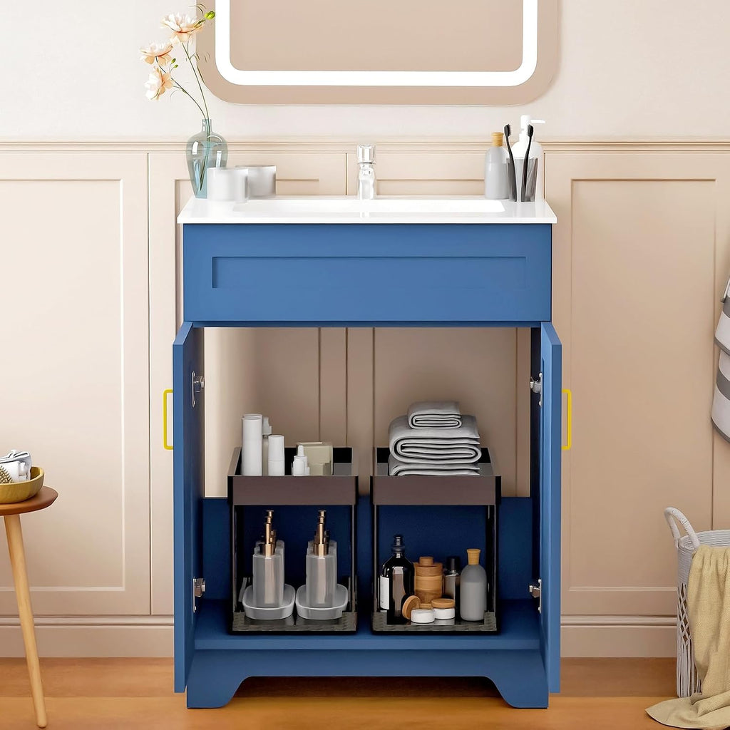 24 Inch Bathroom Vanity with Ceramic Basin and Countertop, Modern Bathroom Vanity with Sink, Narrow Design for Small Bathroom (Blue Shaker)