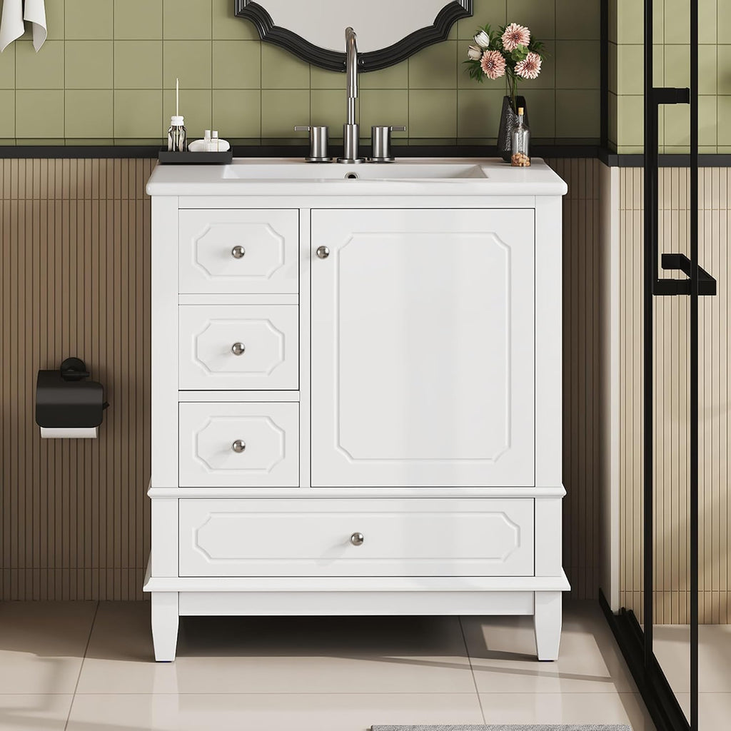Bathroom Vanity with Ceramic Sink 30 inch, Multi-Functional Storage Cabinet with Drawers and Door Shelf, Solid Wood Frame, Soft-Closing Door, White