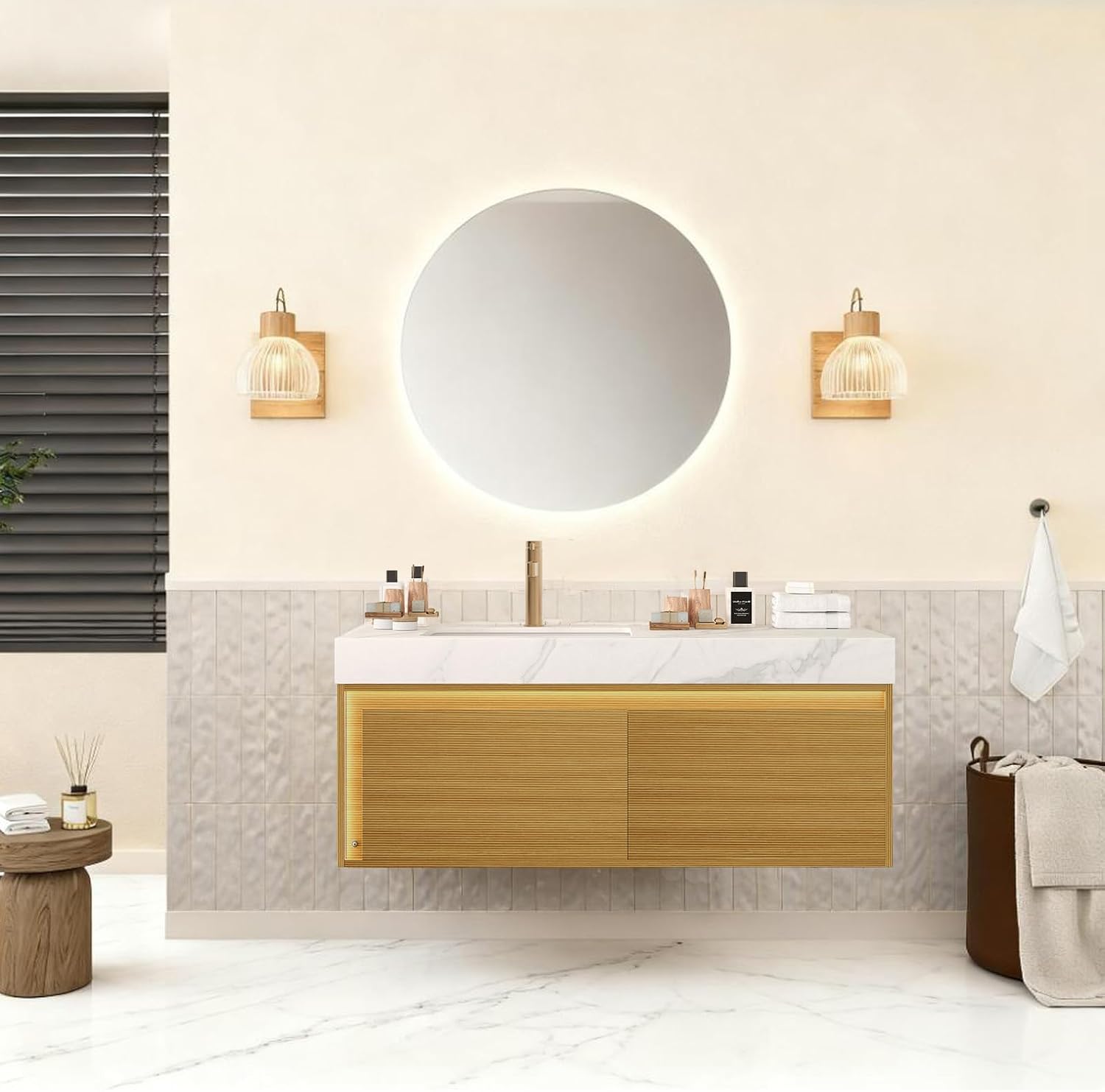 Eleshine 48' Floating Bathroom Vanity with Single Sink, Wall Mounted Cabinet with Sensor LED Light, Soft Close Drawer, Fluted Design, Carrara White Top, Light Oak, Pre-Assembled