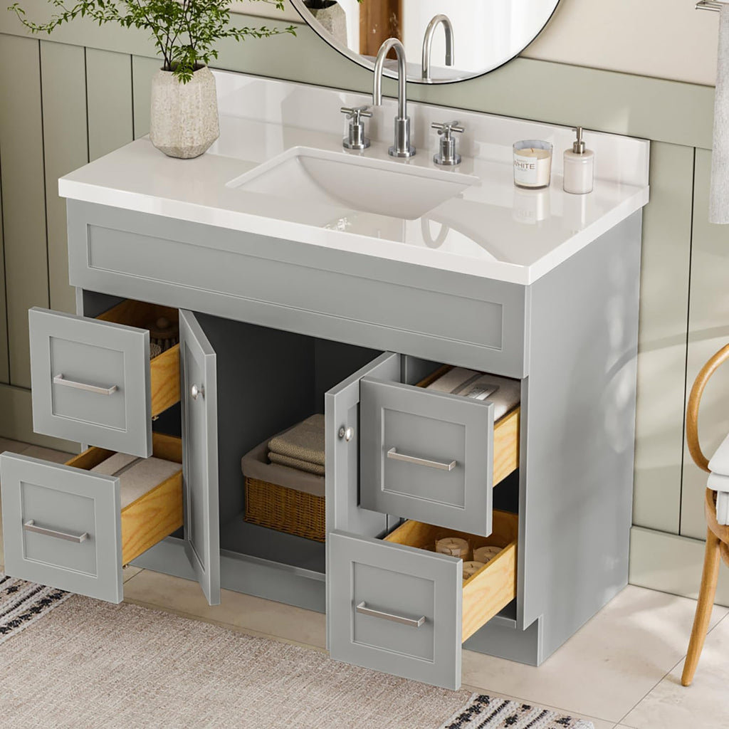 ARIEL Hamlet 42-inch Bathroom Vanity with Sink,Solid Wood, 1.5-inch Pure White Quartz Countertop & Backsplash, Single Rectangular Porcelain Sink, 2 Soft Closing Doors, 4 Dovetail Drawers, Grey