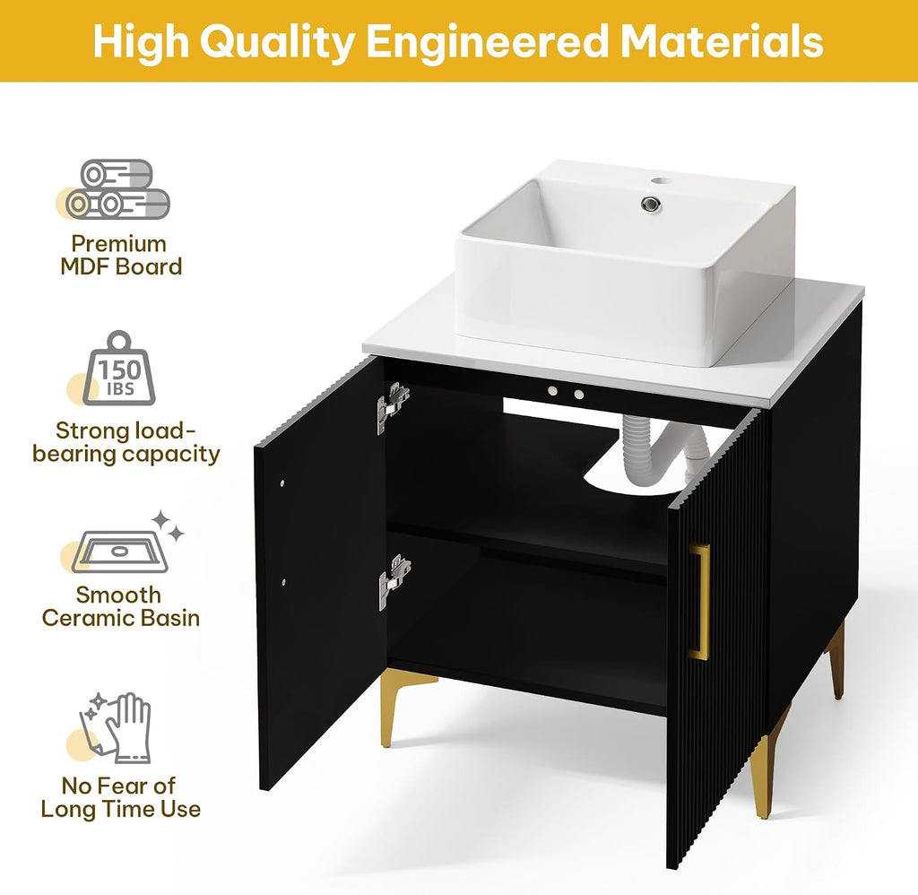YITAHOME 24 Inch Bathroom Vanity with Vacuum Forming, Freestanding Storage Cabinet Vanity with Engineered White Stone Countertop, 2 Large Soft Closing Doors with Shelf, Gold Handles & Legs, Black