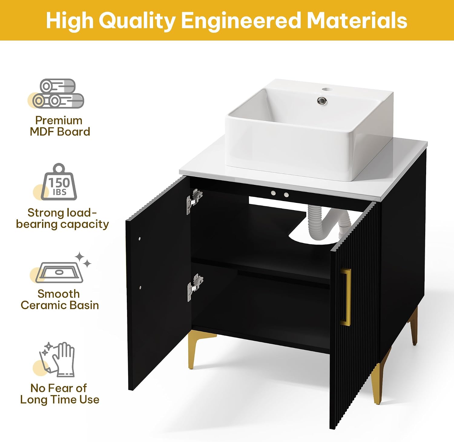 YITAHOME 24 Inch Bathroom Vanity with Vacuum Forming, Freestanding Storage Cabinet Vanity with Engineered White Stone Countertop, 2 Large Soft Closing Doors with Shelf, Gold Handles & Legs, Black