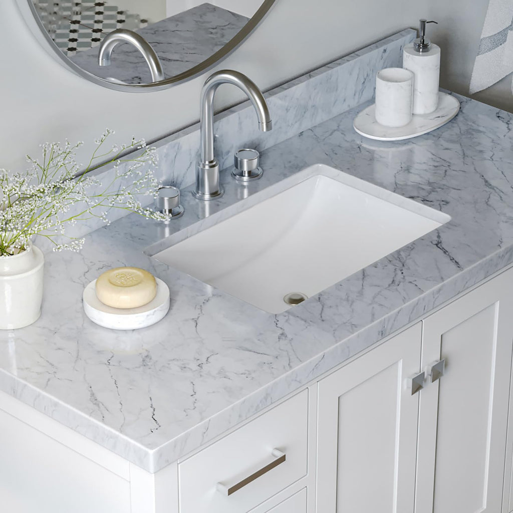 ARIEL Cambridge 48-inch Bathroom Vanity with Sink,Solid Wood, 1.5-inch Italian Carrara Marble Countertop, Single Rectangular Porcelain Sink, 2 Soft Closing Doors, 9 Dovetail Drawers, White
