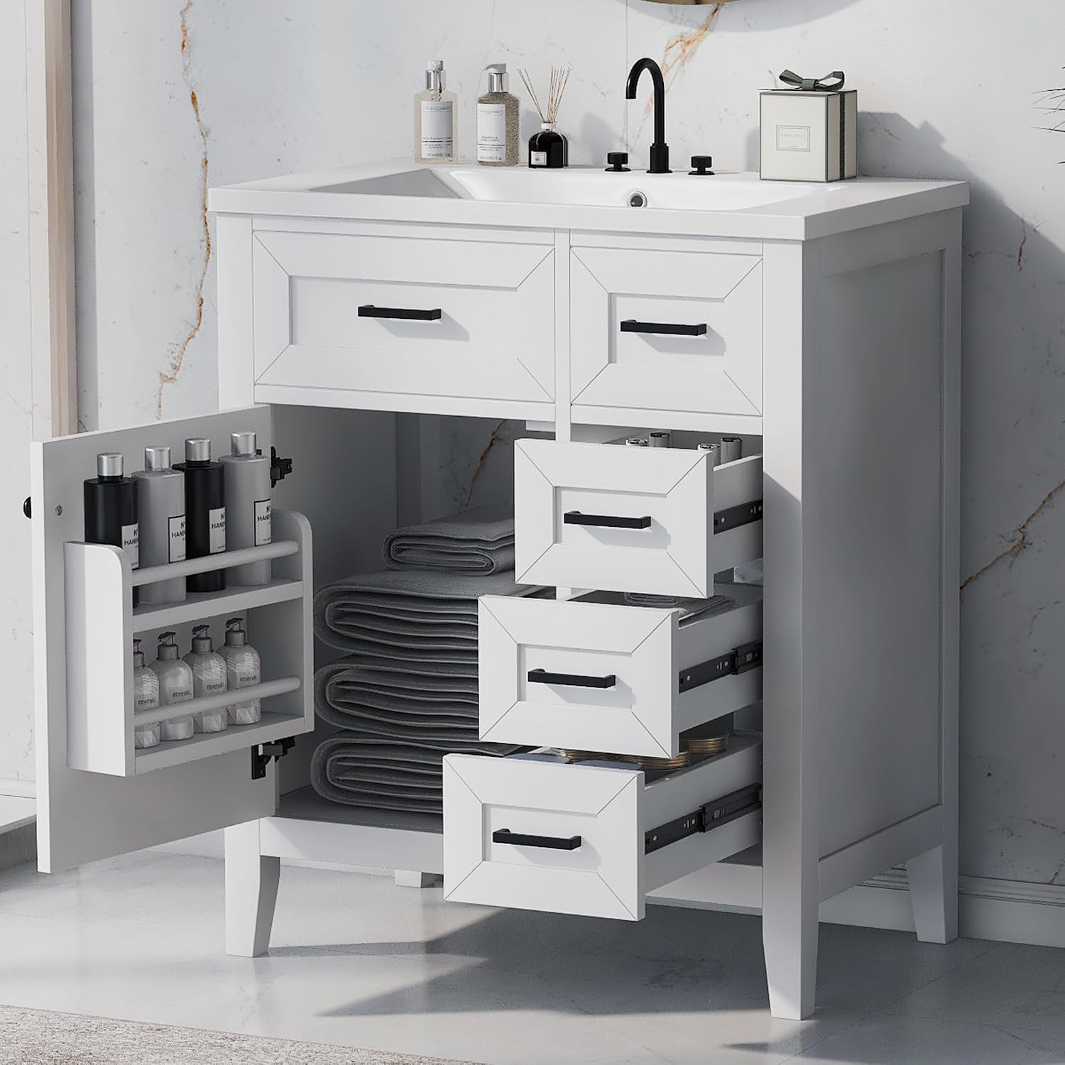 30 Inch Bathroom Vanity Without Sink, Base Only, Storage Cabinet with Doors and Drawers, White