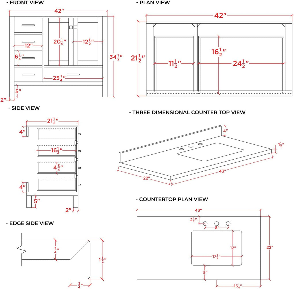 ARIEL Taylor 42-inch Bathroom Vanity with Sink,Solid Wood, 1.5-inch Italian Carrara Marble Countertop, Single Rectangular Porcelain Sink, 2 Soft Closing Doors, 5 Dovetail Drawers, White