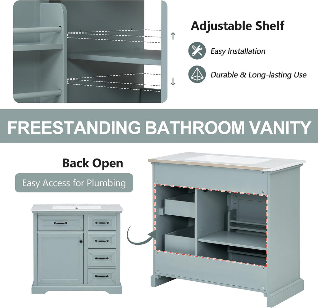 36' Bathroom Vanities with Ceramic Sink Set, Tip-Out Drawers, Storage Cabinet with Door Shelf, Soft-Closing Doors, Grey