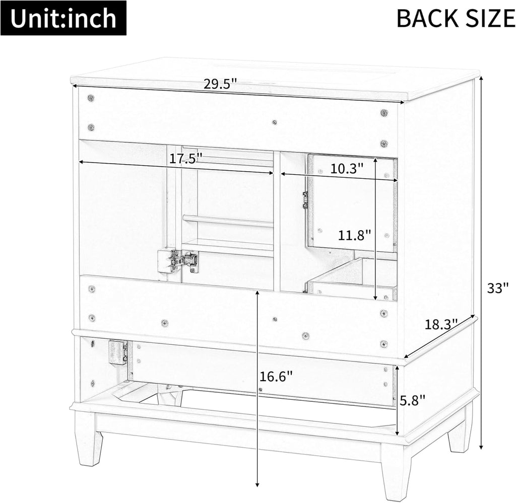 Bathroom Vanity with Ceramic Sink 30 inch, Multi-Functional Storage Cabinet with Drawers and Door Shelf, Solid Wood Frame, Soft-Closing Door, White