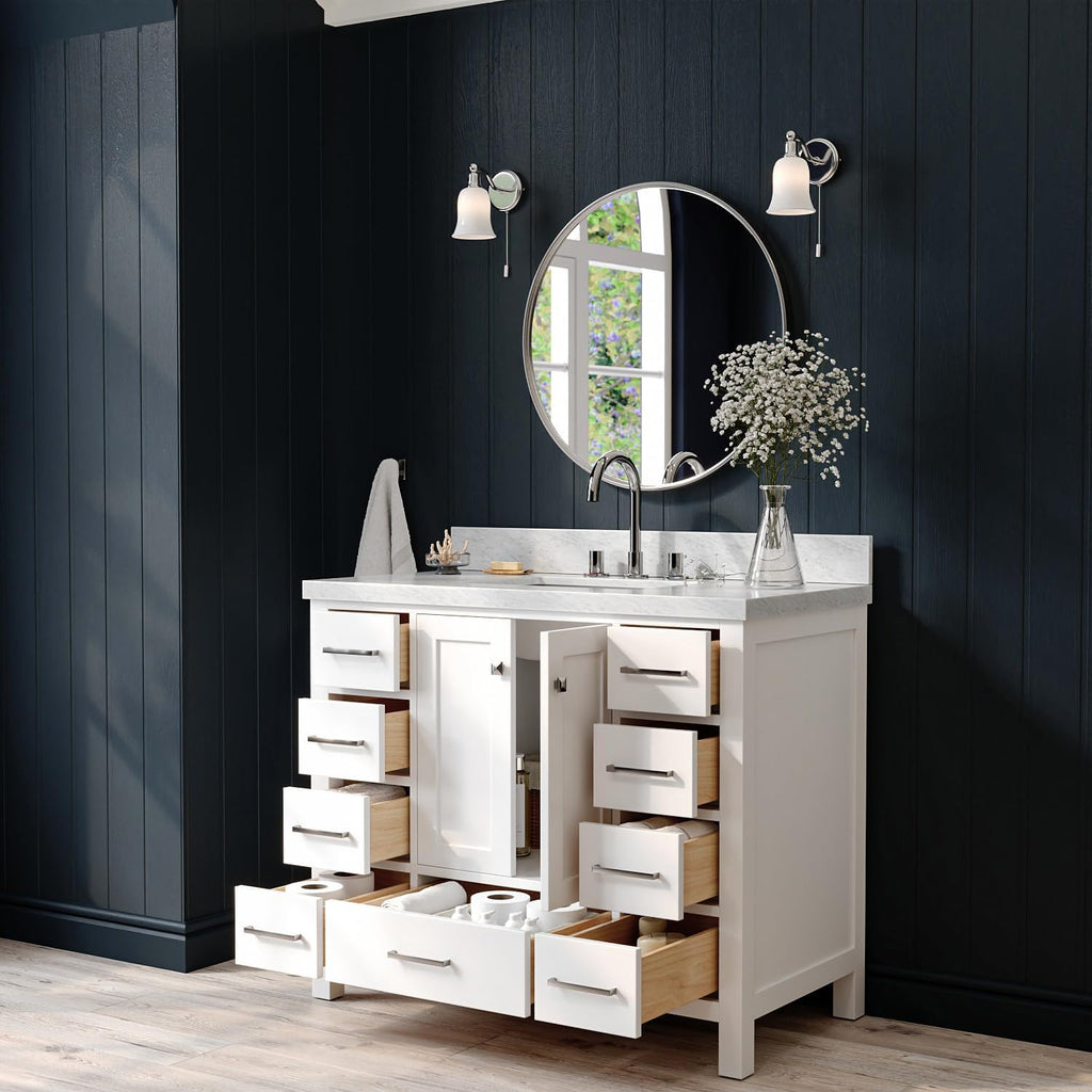ARIEL Cambridge 42-inch Bathroom Vanity with Sink,Solid Wood, 1.5-inch Italian Carrara Marble Countertop, Single Rectangular Porcelain Sink, 2 Soft Closing Doors, 9 Dovetail Drawers, White