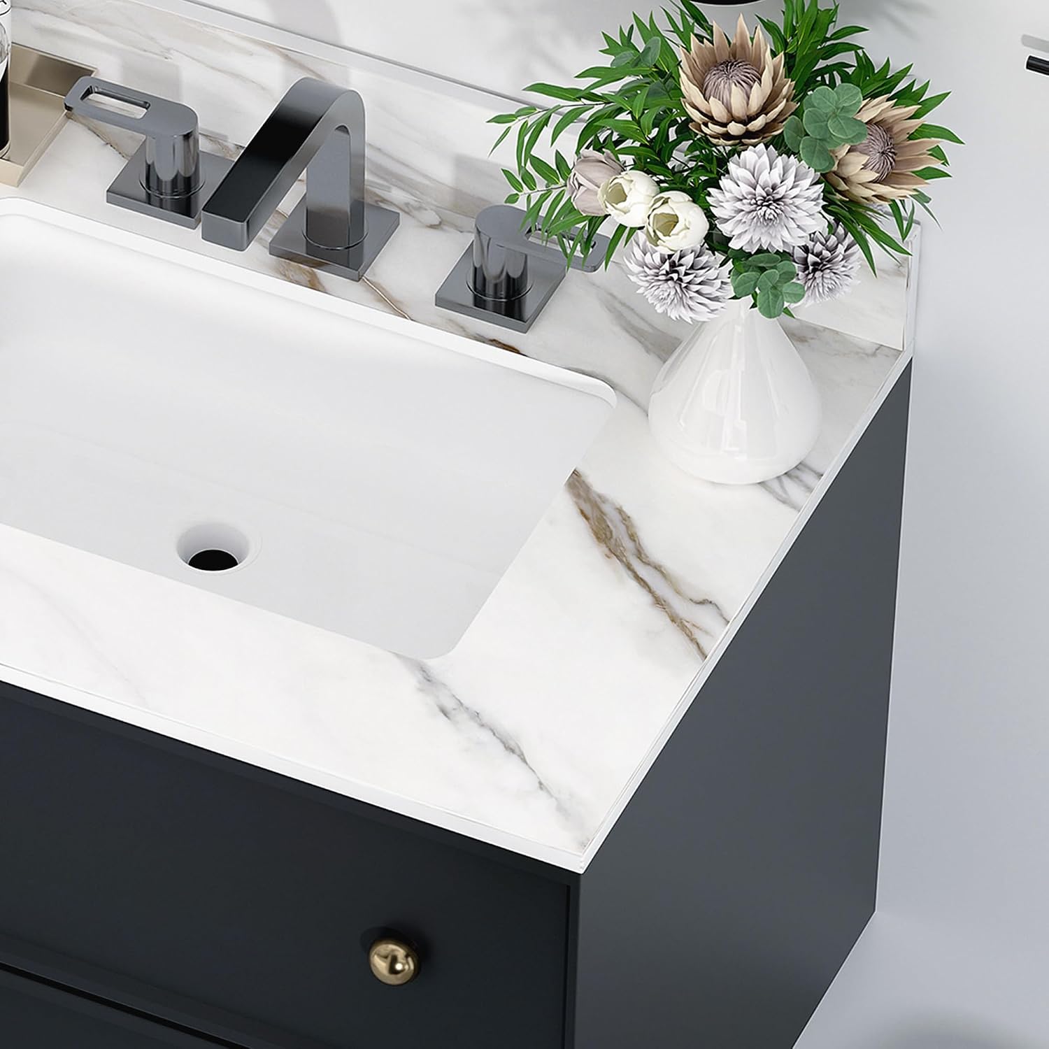Runboll 31' Marble Vanity Top with Sink, Sintered Stone Bathroom Vanity Top with Undermount Rectangular Bowl, 4' Backsplash, Pre-Drilled 8' 3 Faucet Holes (Cabinet NOT Included)