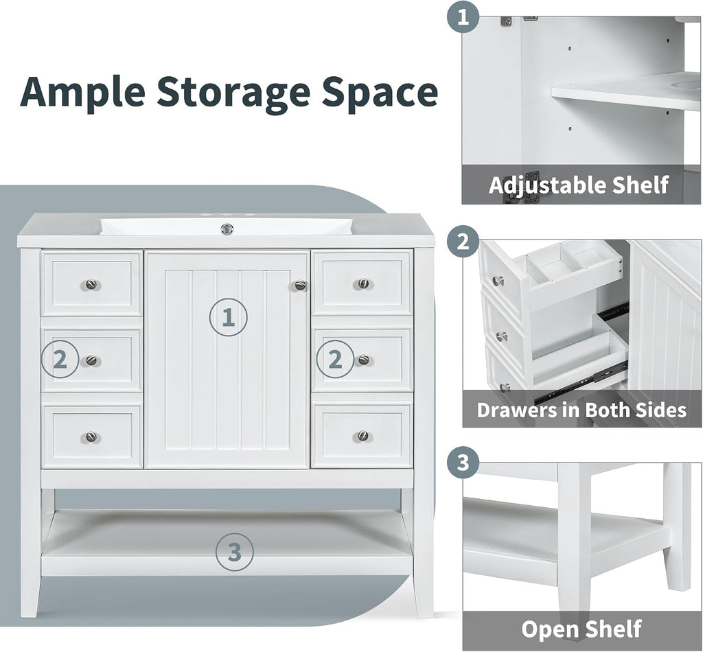 Harper & Bright Designs 36' Bathroom Vanity with Sink, Free Standing Single Basin Vanity Set with One Cabinet and Three Drawers, Wooden Bathroom Cabinet with Ceramic Sink for Bathroom, White