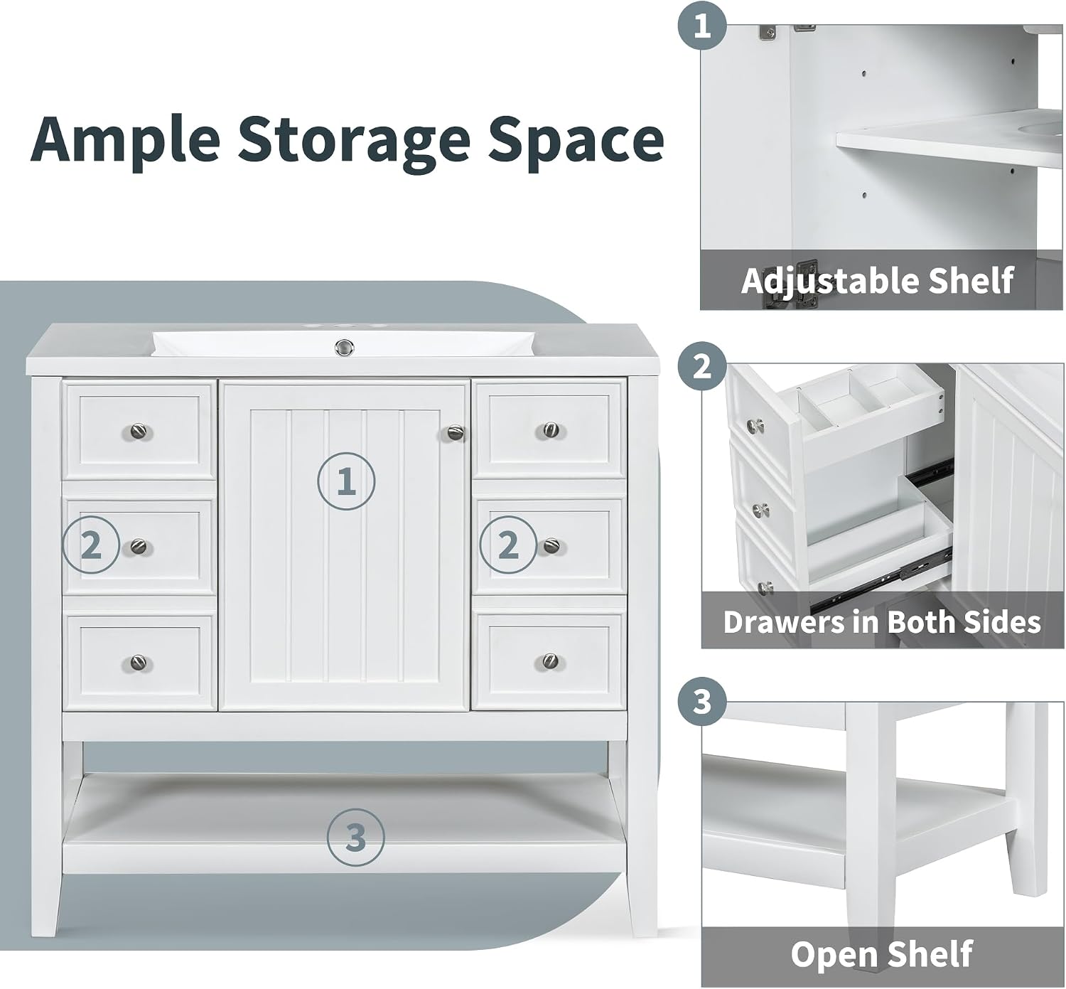 Harper & Bright Designs 36' Bathroom Vanity with Sink, Free Standing Single Basin Vanity Set with One Cabinet and Three Drawers, Wooden Bathroom Cabinet with Ceramic Sink for Bathroom, White
