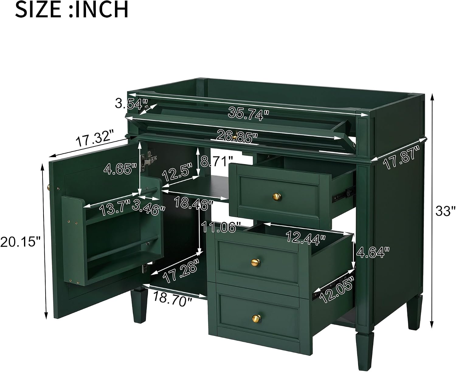 36'' Bathroom Vanity Without Top Sink, Modern Bathroom Storage Cabinet with 2 Drawers and a Tip-Out Drawer, Only Cabinet, Green