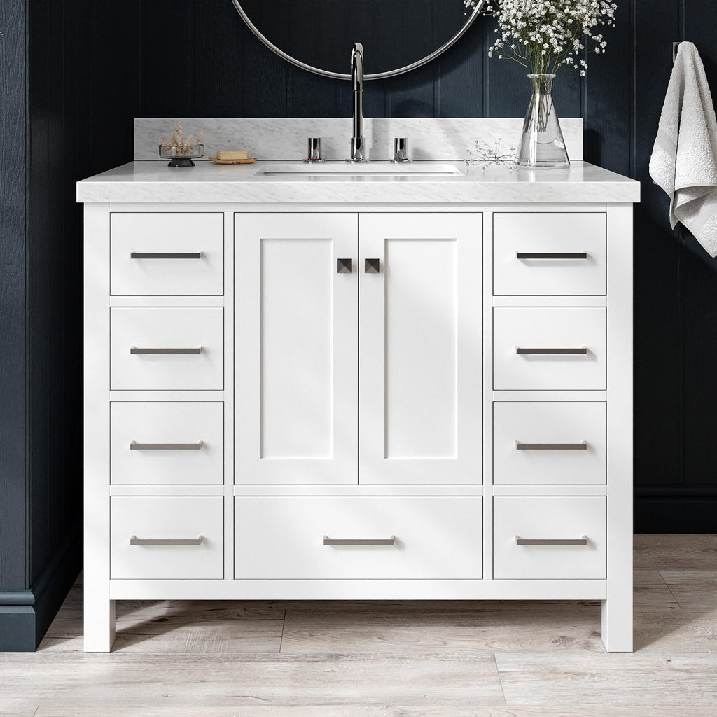 ARIEL Cambridge 42-inch Bathroom Vanity with Sink,Solid Wood, 1.5-inch Italian Carrara Marble Countertop, Single Rectangular Porcelain Sink, 2 Soft Closing Doors, 9 Dovetail Drawers, White