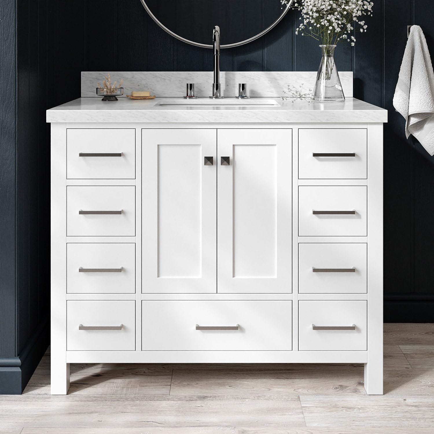 ARIEL Cambridge 42-inch Bathroom Vanity with Sink,Solid Wood, 1.5-inch Italian Carrara Marble Countertop, Single Rectangular Porcelain Sink, 2 Soft Closing Doors, 9 Dovetail Drawers, White
