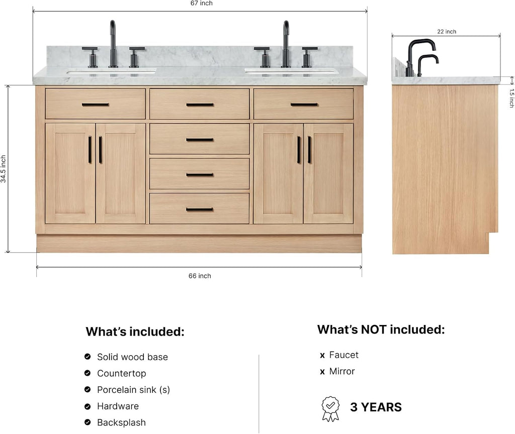 ARIEL Hepburn 66-inch Bathroom Vanity with Sink,Solid Wood, 1.5-inch Italian Carrara Marble Countertop, Double Rectangular Porcelain Sink, 4 Soft Closing Doors, 6 Dovetail Drawers, White Oak