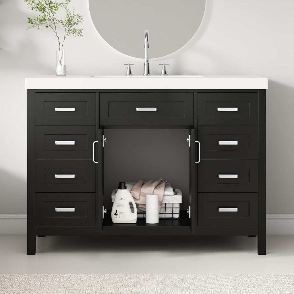 48' Bathroom Vanity with Sink, 2 Doors and 8 Drawers, Soft Close System, Classic Design, Black