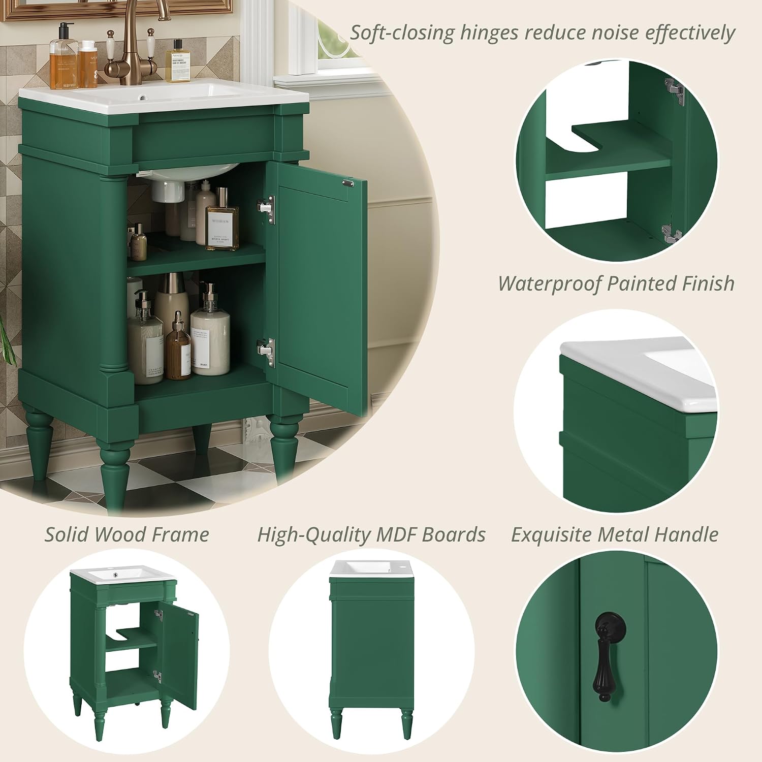 VilroCaz Modern 18'' Bathroom Vanity with Top Sink, Freestanding Bathroom Storage Cabinet with Door and Adjustable Shelf, Single Sink Cabinet with Nordic Style Legs (Green-Retro)