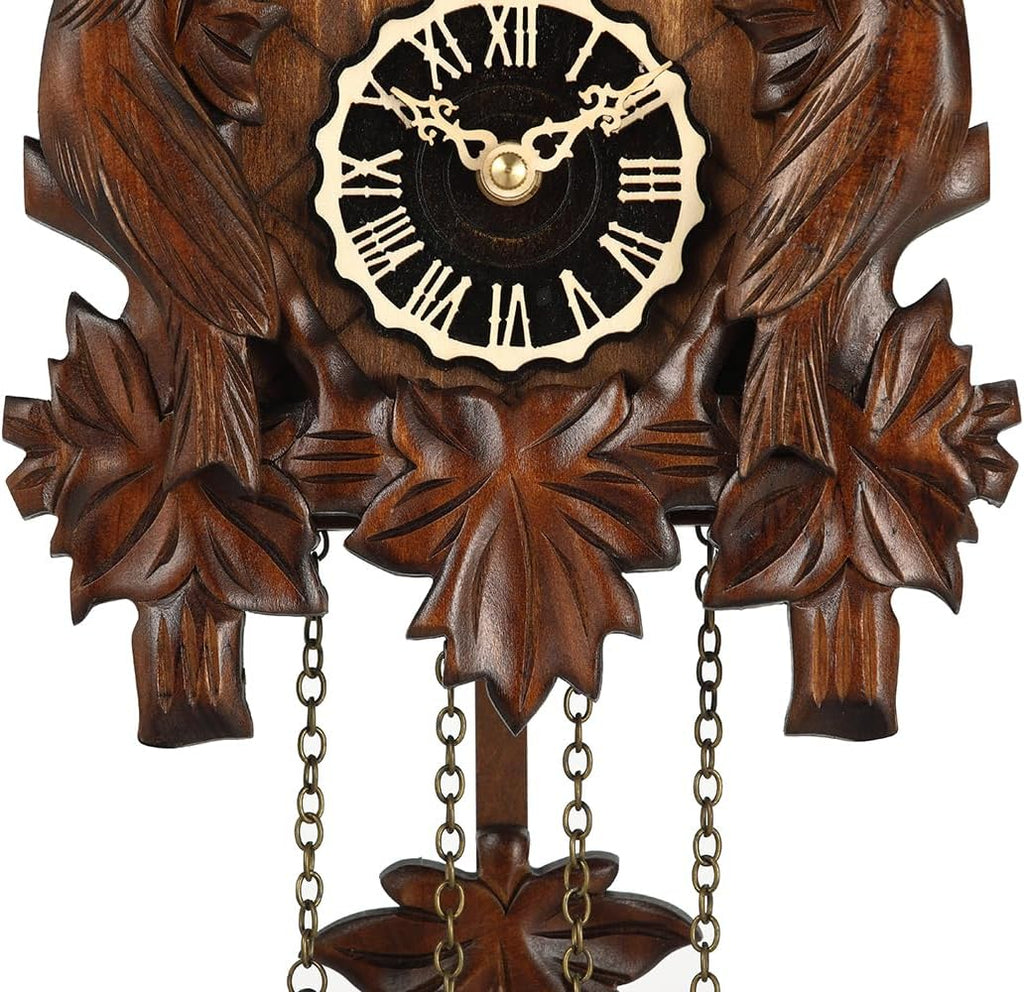Kintrot Cuckoo Clock, Traditional Black Forest Handcrafted Wooden Quartz Clock for Wall Antique Decroration with Maple Leaf Pendulum, 12 Melodies, Night Sensor and Singing Bird