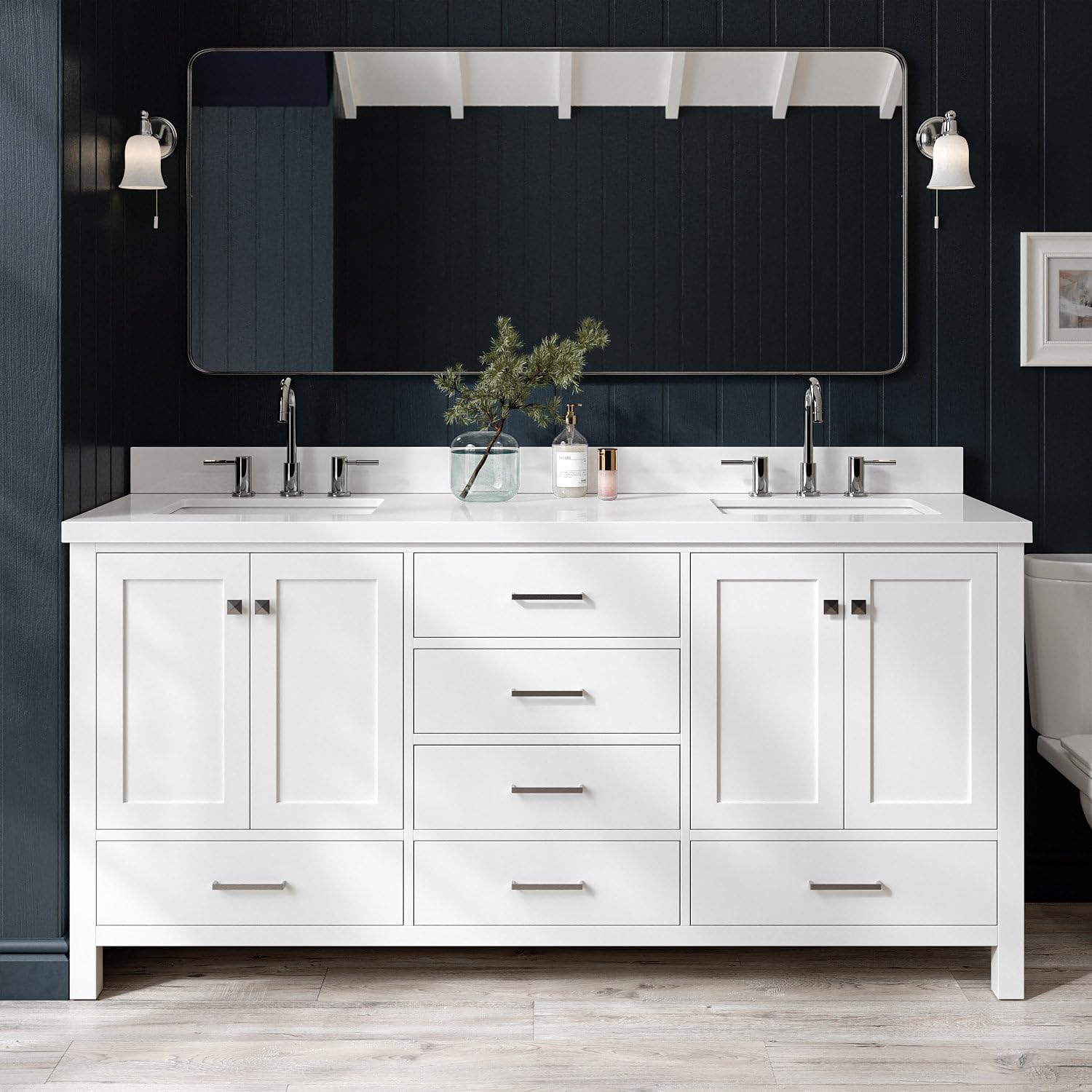 ARIEL Cambridge 72-inch Bathroom Vanity with Sink,Solid Wood, 1.5-inch Pure White Quartz Countertop & Backsplash, Double Rectangular Porcelain Sink, 4 Soft Closing Doors, 6 Dovetail Drawers, White
