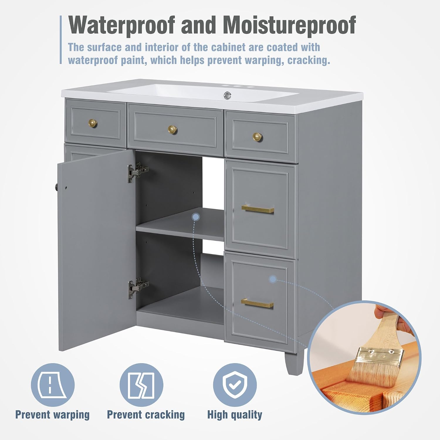 LUMISOL 36' Bathroom Vanity with Sink Top, Modern Bathroom Storage Cabinet with 3 Drawers & 2 Doors, Grey Bathroom Vanity with Undermount Sink, Solid Wood Frame