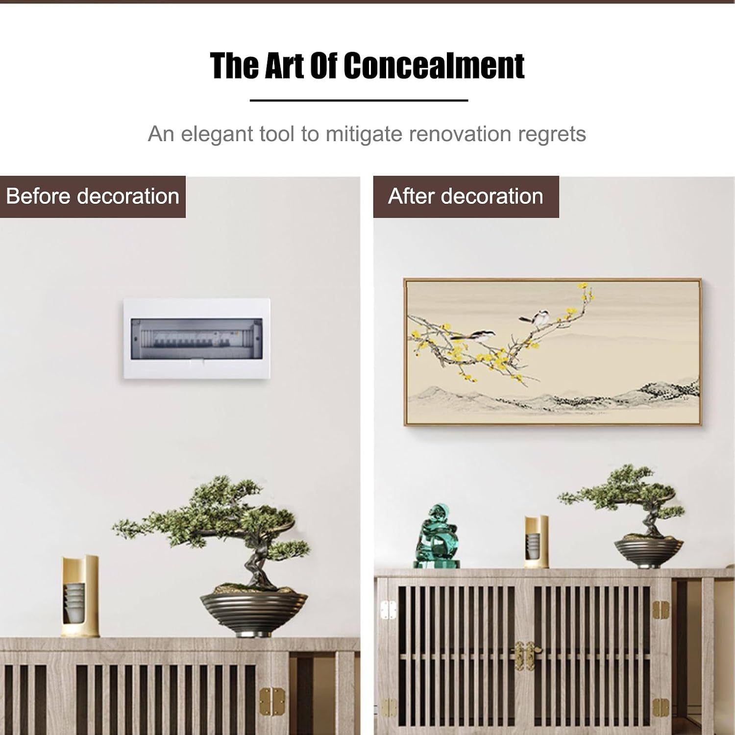 JHDXL Wall Mounted Electrical Panel Cover, Chinese Style Wall Art to Cover, with Hydraulic Rod Support, for Bedroom, Living Room(Yellow1,100 * 50cm/39.4 * 19.7in)