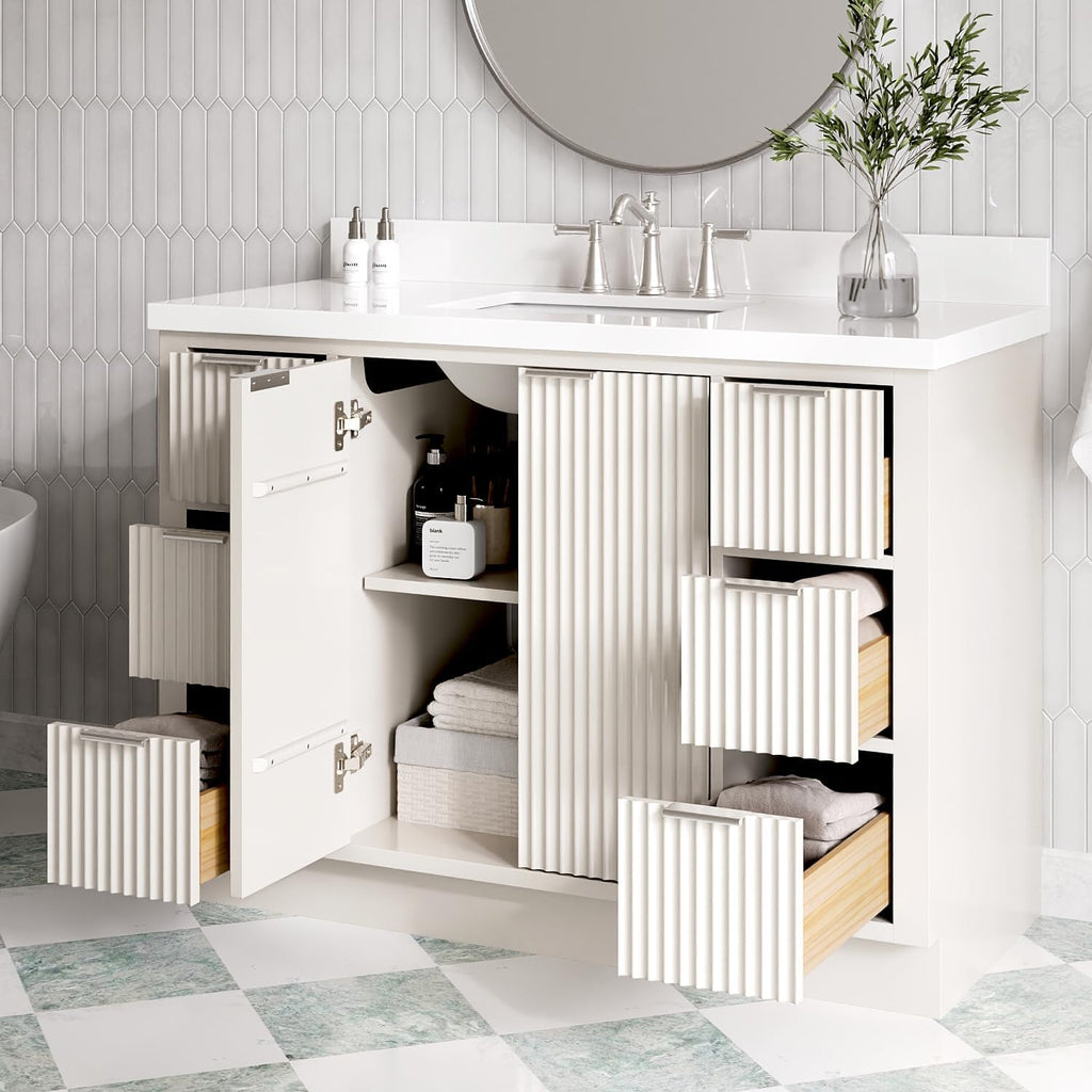 ARIEL Milan 48-inch Bathroom Vanity with Sink,Solid Wood, 1.5-inch Pure White Quartz Countertop & Backsplash, Single Rectangular Porcelain Sink, 2 Soft Closing Doors, 6 Dovetail Drawers, Warm White