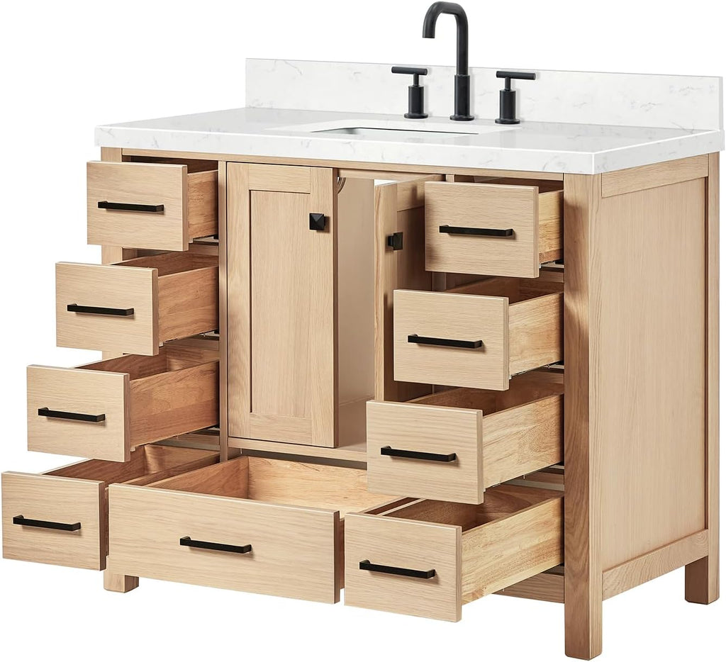ARIEL Cambridge 42-inch Bathroom Vanity with Sink,Solid Wood, 1.5-inch Carrara White Quartz Countertop, Single Rectangular Porcelain Sink, 2 Soft Closing Doors, 9 Dovetail Drawers, White Oak