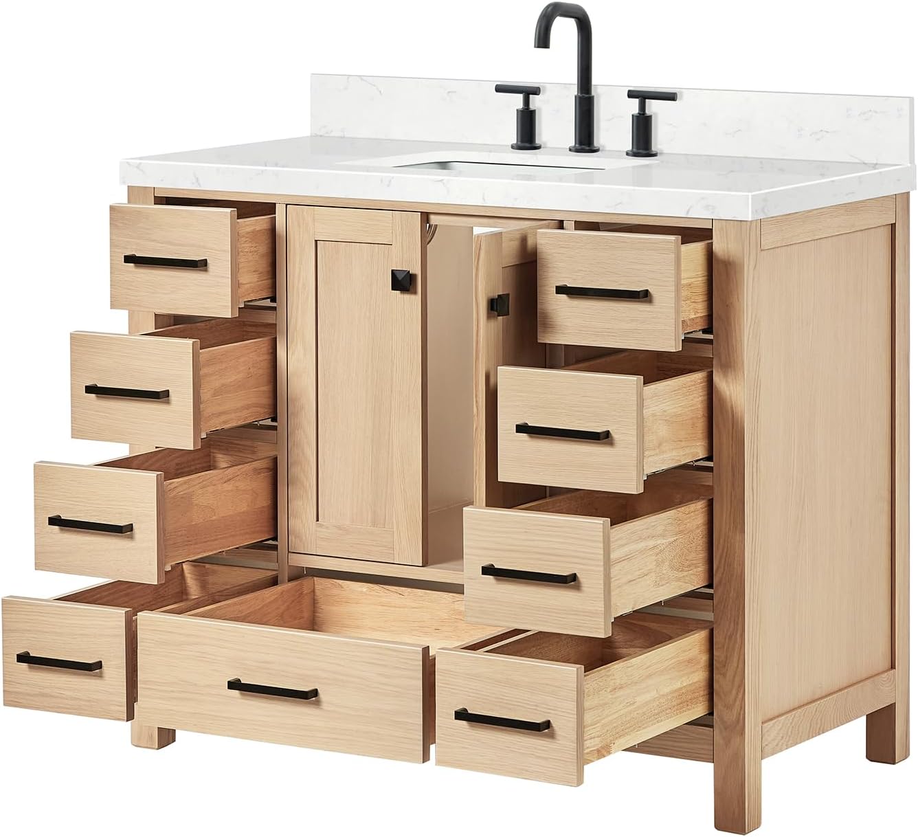 ARIEL Cambridge 42-inch Bathroom Vanity with Sink,Solid Wood, 1.5-inch Carrara White Quartz Countertop, Single Rectangular Porcelain Sink, 2 Soft Closing Doors, 9 Dovetail Drawers, White Oak