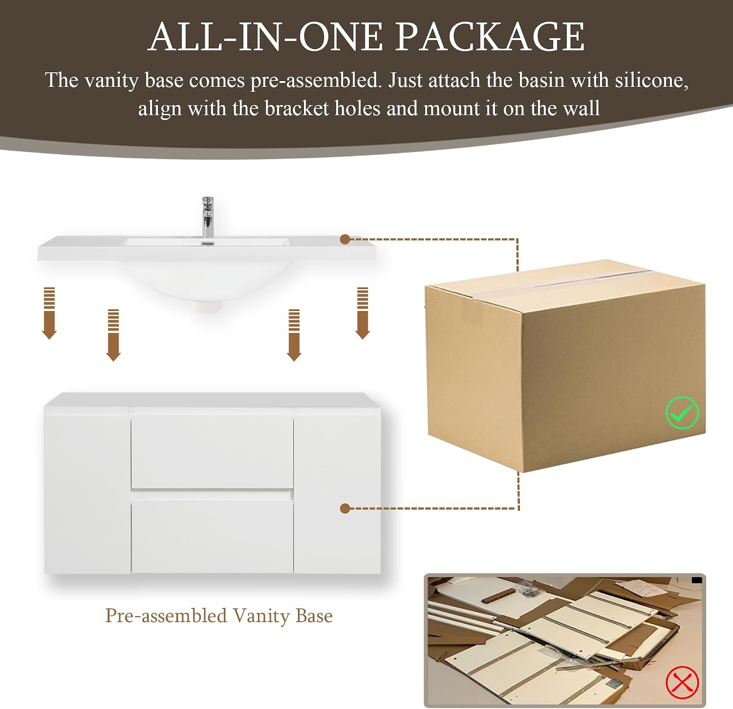 GDFStudio 48' Floating Bathroom Vanity with Sink, Wall-Mounted Vanity Cabinet with Solid Surface Countertop, Integrated Basin, Soft Close Drawers, Modern Space-Saving Design, Glossy White
