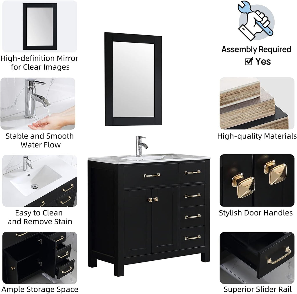 36 inch Bathroom Vanity with Sink Countertop Mirror Faucet Modern Black | Freestanding bathroom vanity cabinet, ceramic single sink combo