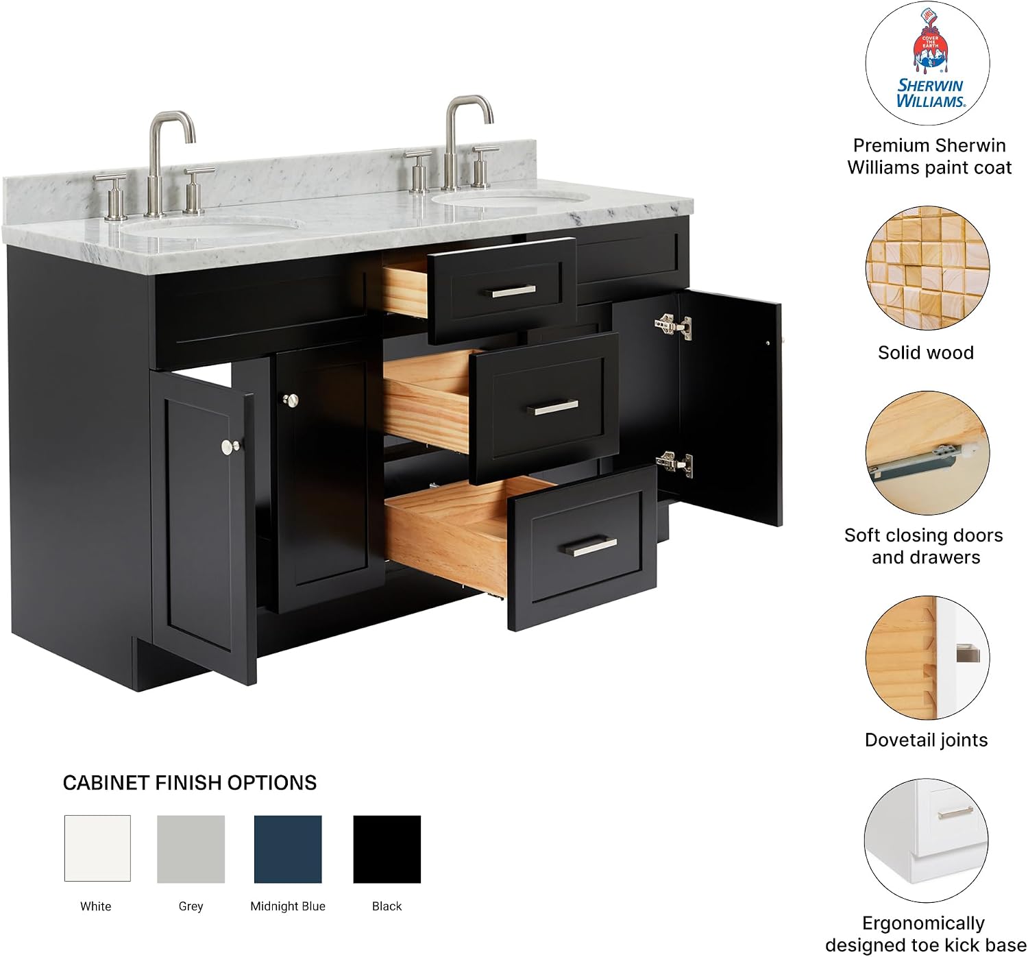 DKB Bradford 66' Black Double Bathroom Vanity, 1.5' Italian Carrara Marble Countertop, Double Oval Undermount Sinks, 2 Soft Closing Doors, 3 Dovetail Drawers, Brushed Nickel
