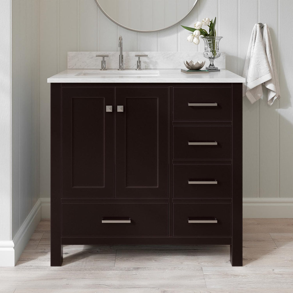 ARIEL Cambridge 36-inch Bathroom Vanity with Sink,Solid Wood, 0.75-inch Italian Carrara Marble Countertop, Single Rectangular Porcelain Sink, 2 Soft Closing Doors, 5 Dovetail Drawers, Espresso