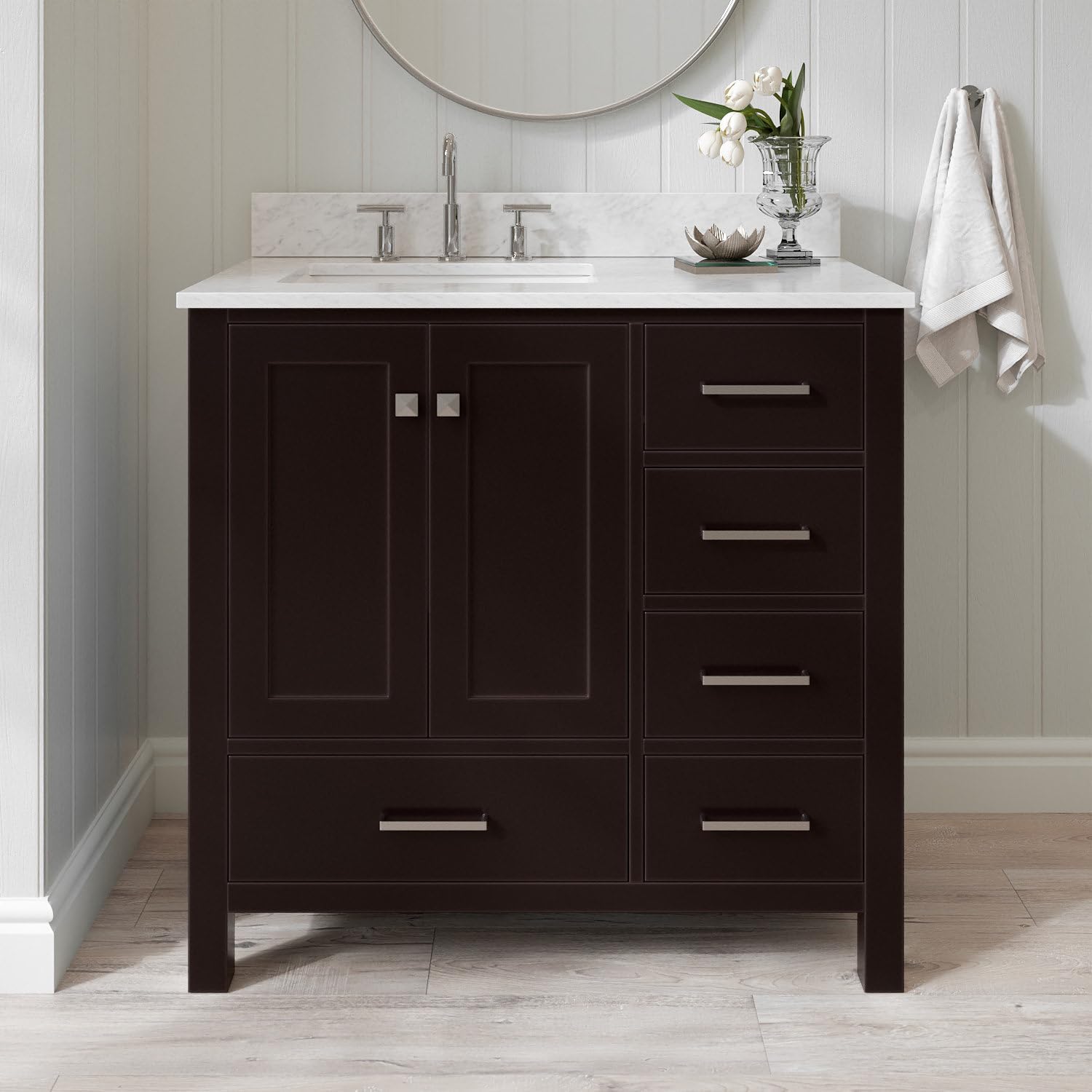 ARIEL Cambridge 36-inch Bathroom Vanity with Sink,Solid Wood, 0.75-inch Italian Carrara Marble Countertop, Single Rectangular Porcelain Sink, 2 Soft Closing Doors, 5 Dovetail Drawers, Espresso