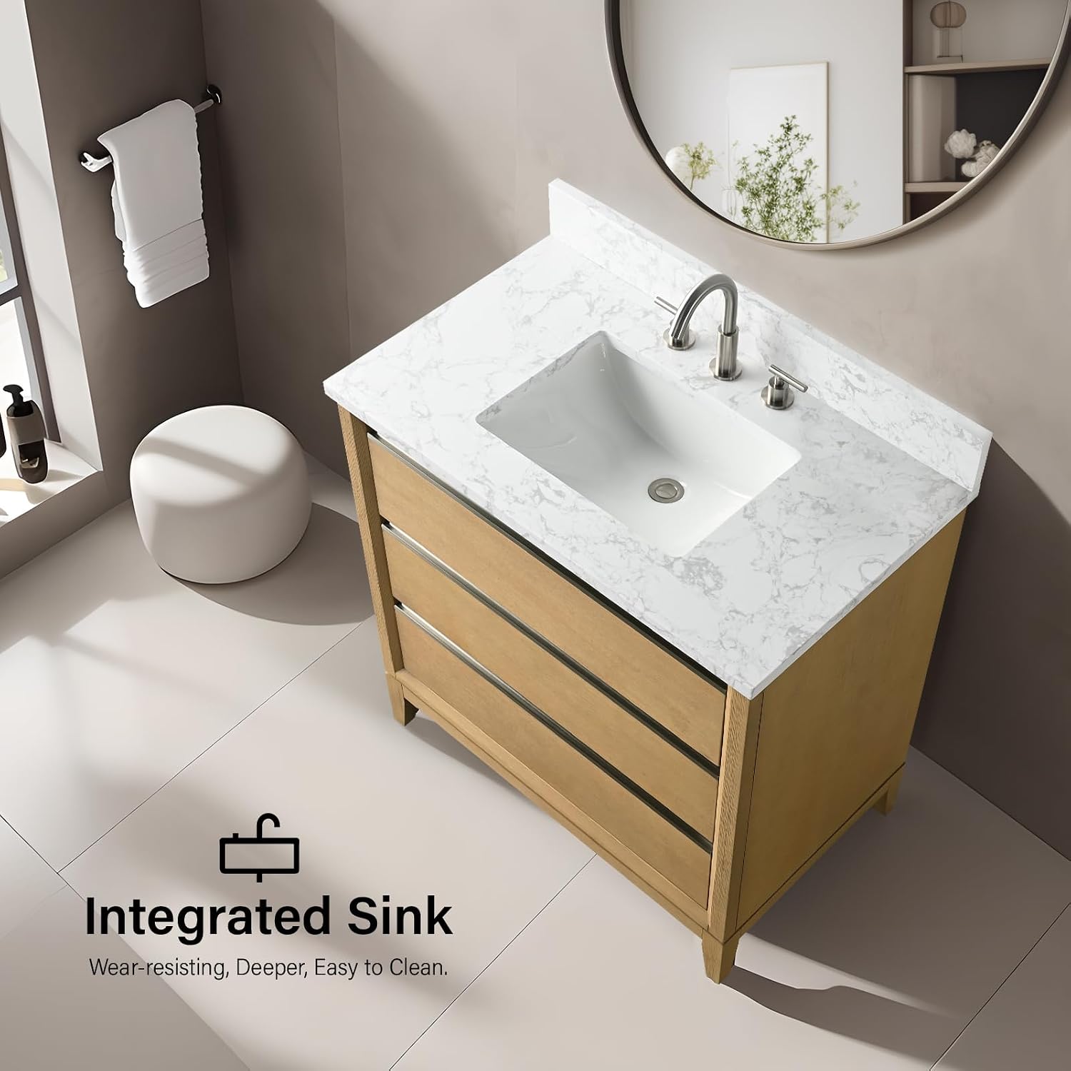 HOMEBEYOND 36 Inch Bathroom Vanity with Sink & Ceramic Top, Vanity Cabinet with Solid Wood Frame, Soft-Closing Doors, Drawers, Natural Oak