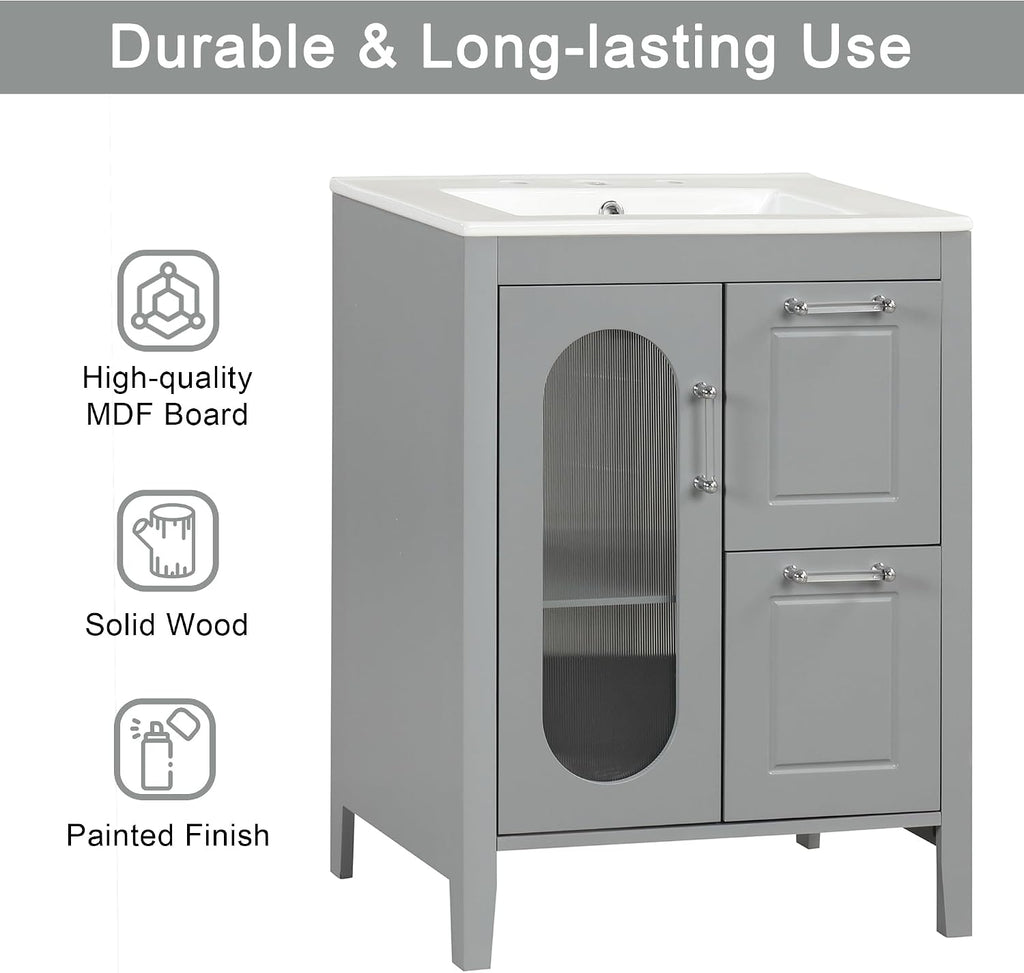 LUMISOL 24' Bathroom Vanity with Sink, Solid Wood Bathroom Vanity with Glass Door and 2 Drawers, Free Standing Single Bathroom Cabinet with Ceramic Basin, Soft-Closing, Gray