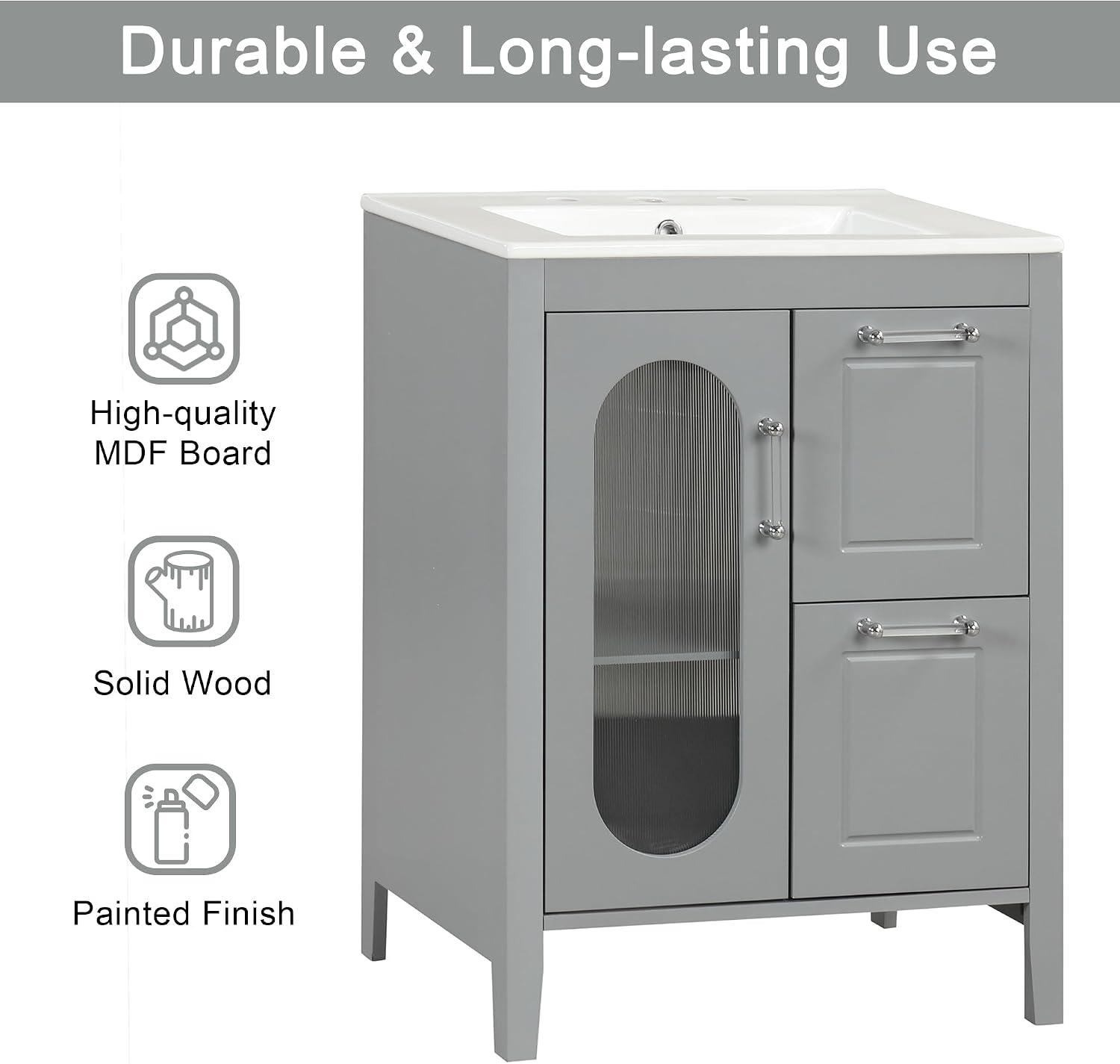 LUMISOL 24' Bathroom Vanity with Sink, Solid Wood Bathroom Vanity with Glass Door and 2 Drawers, Free Standing Single Bathroom Cabinet with Ceramic Basin, Soft-Closing, Gray